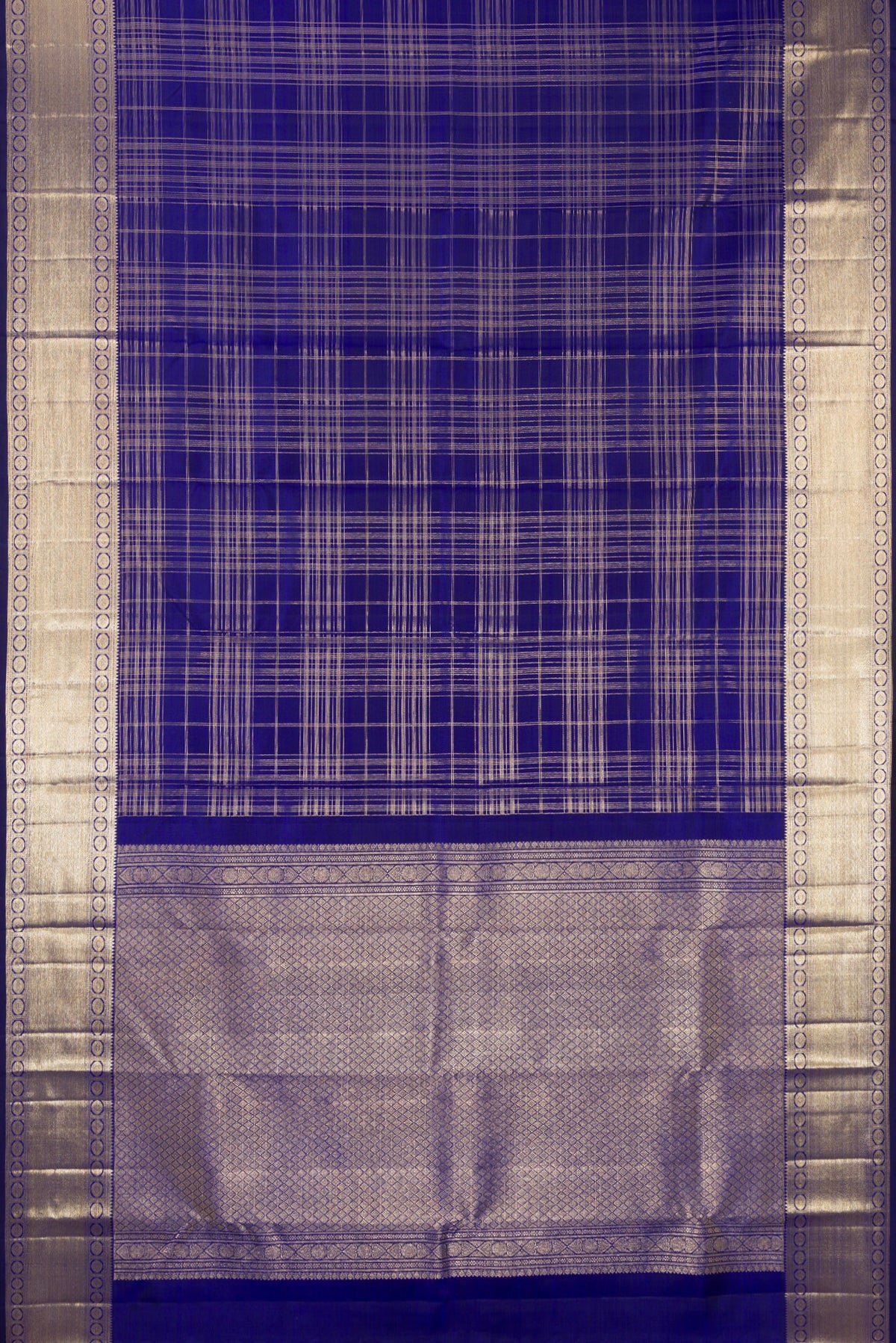 Flat view of Pure Silk Royal Blue Kanchipuram Saree with Checked design on the body and Zari Border. 