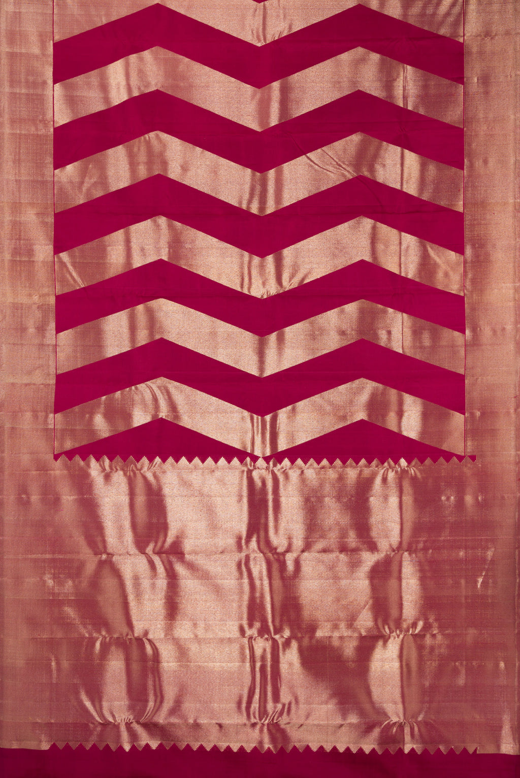 Flat view of Pure Silk Maroon Kanchipuram Saree with Zari Butta on the body and Zari Border. 