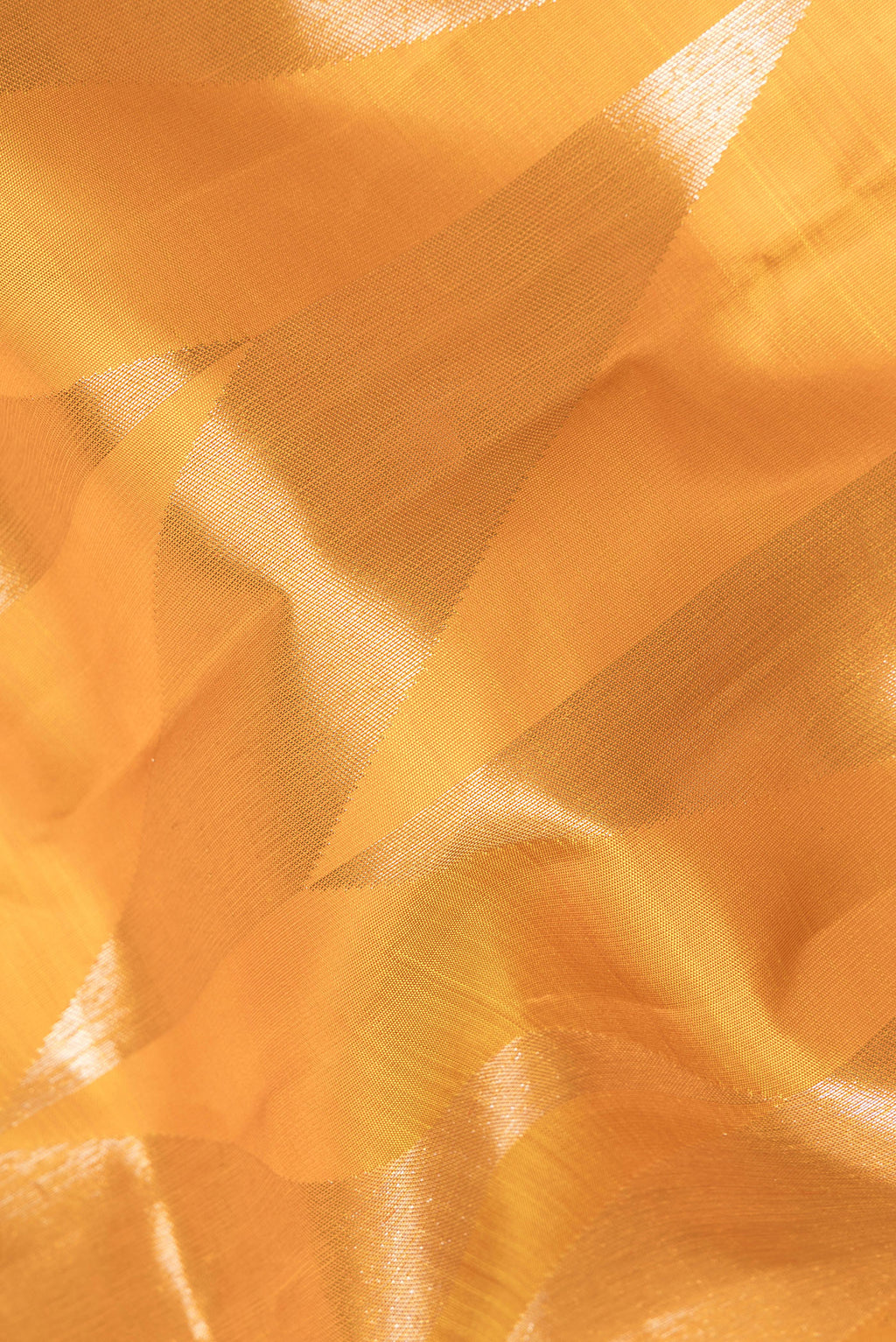 Close up of Pure Silk Yellow Kanchipuram Saree with Zari Brocade on the body and Zari Border.  displaying folds