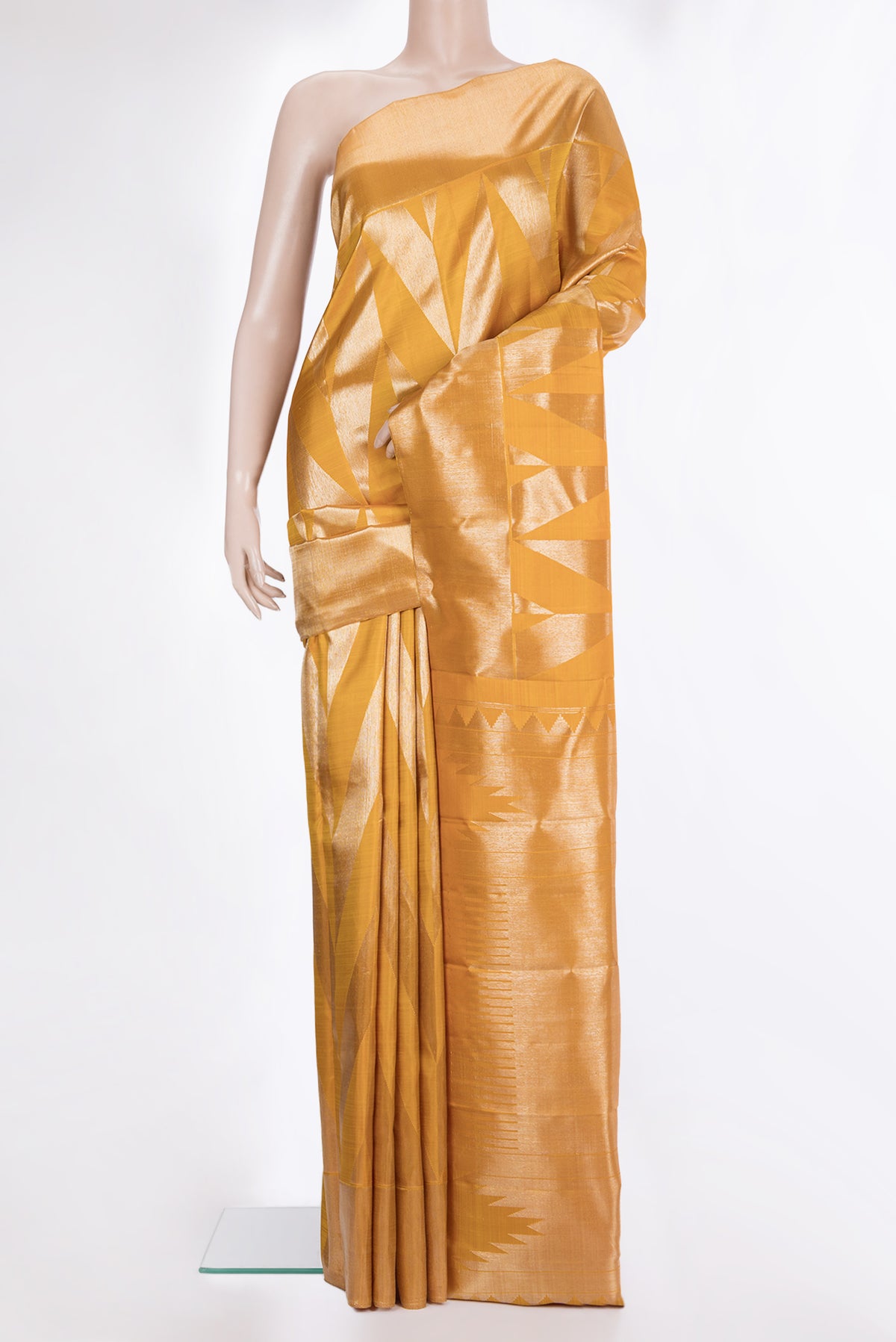Pure Silk Yellow Kanchipuram Saree with Zari Brocade on the body and Zari Border.  displayed on a mannequin