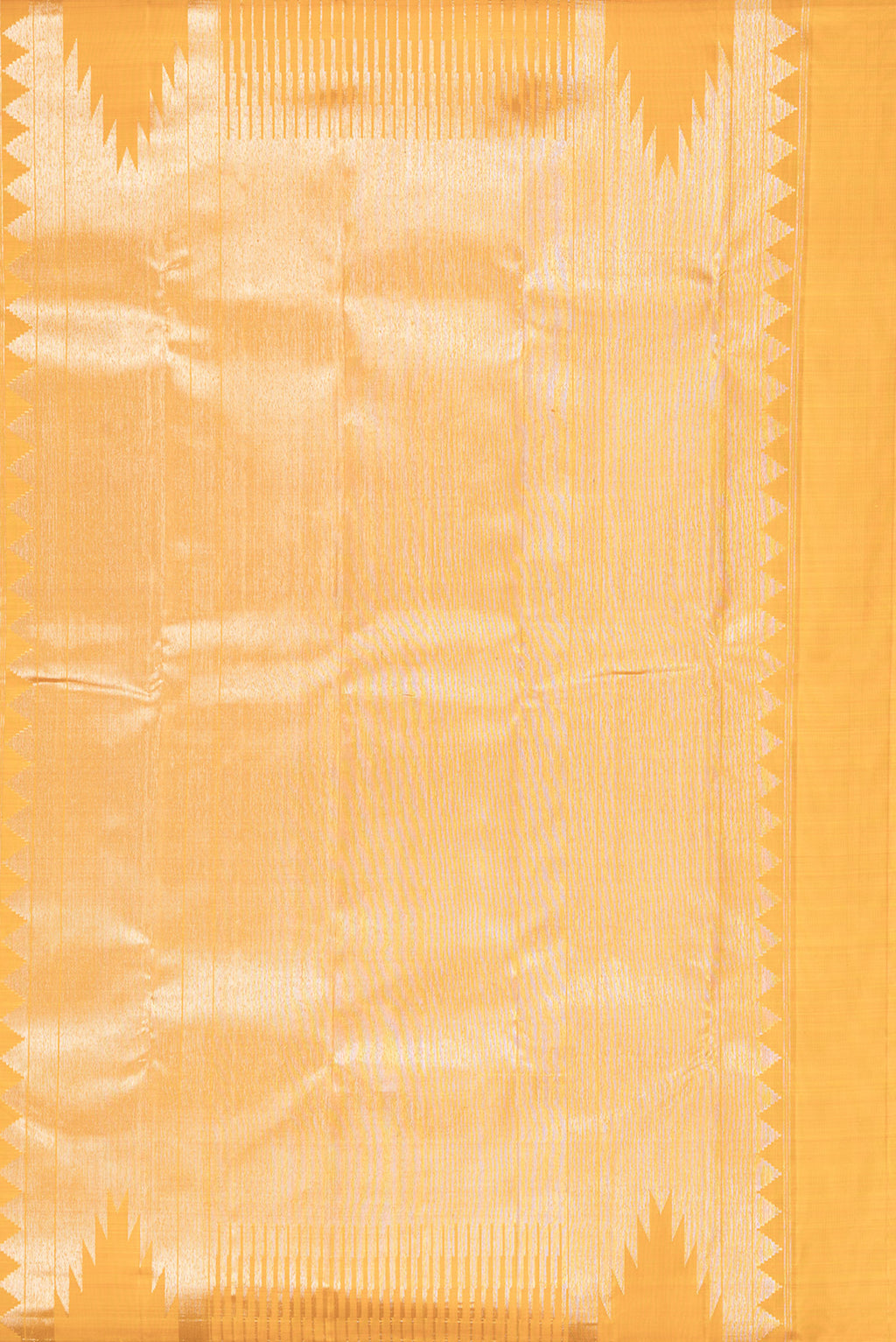 Close up image of the pallu of Pure Silk Yellow Kanchipuram Saree with Zari Brocade on the body and Zari Border. 