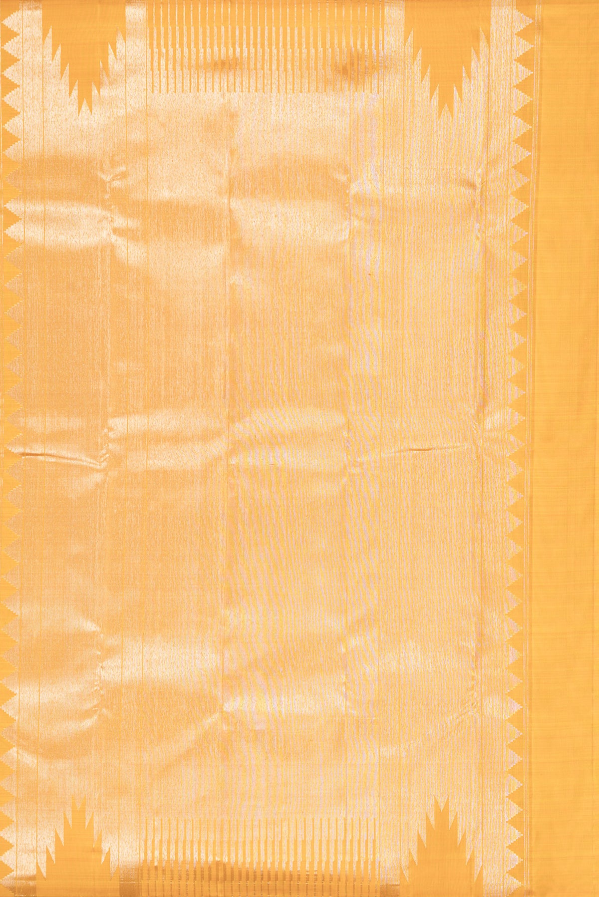 Close up image of the pallu of Pure Silk Yellow Kanchipuram Saree with Zari Brocade on the body and Zari Border. 
