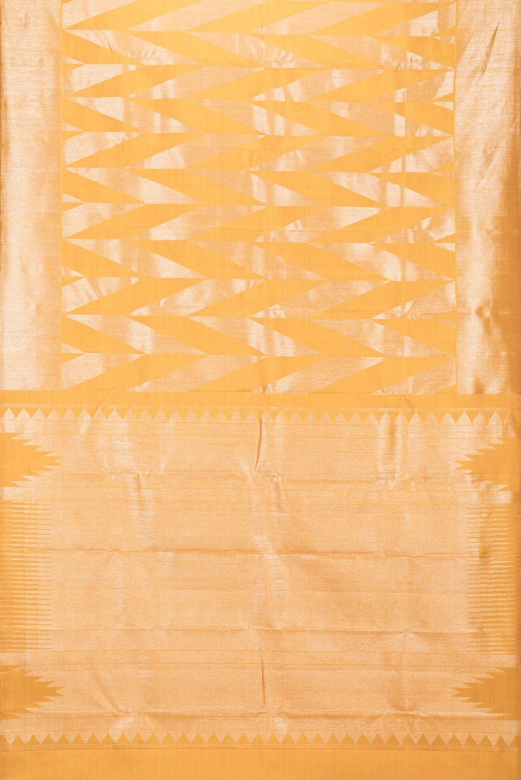 Flat view of Pure Silk Yellow Kanchipuram Saree with Zari Brocade on the body and Zari Border. 