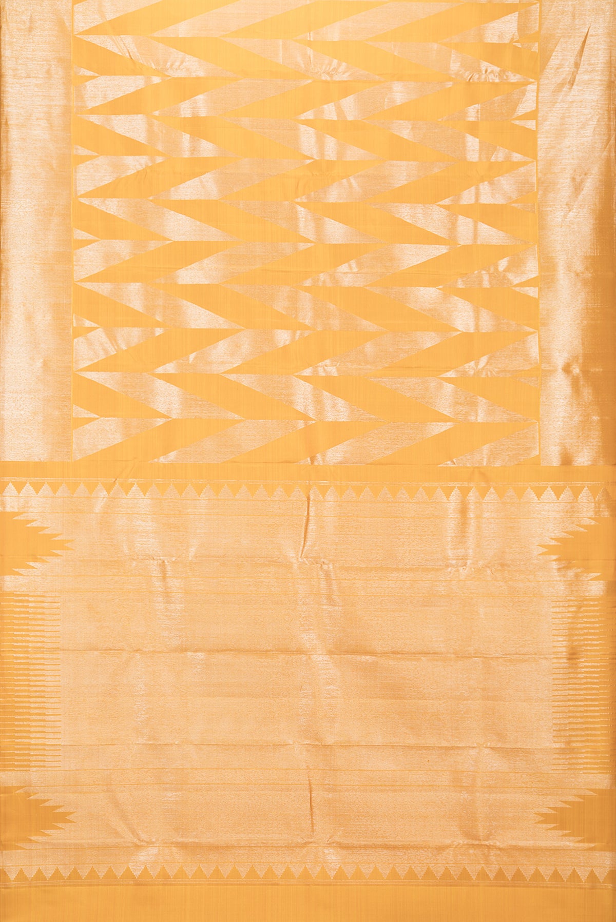 Flat view of Pure Silk Yellow Kanchipuram Saree with Zari Brocade on the body and Zari Border. 
