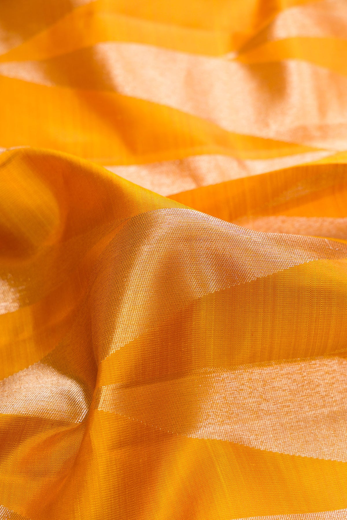 Close up of Pure Silk Mustard Kanchipuram Saree with Zari Brocade on the body and Zari Border.  displaying folds