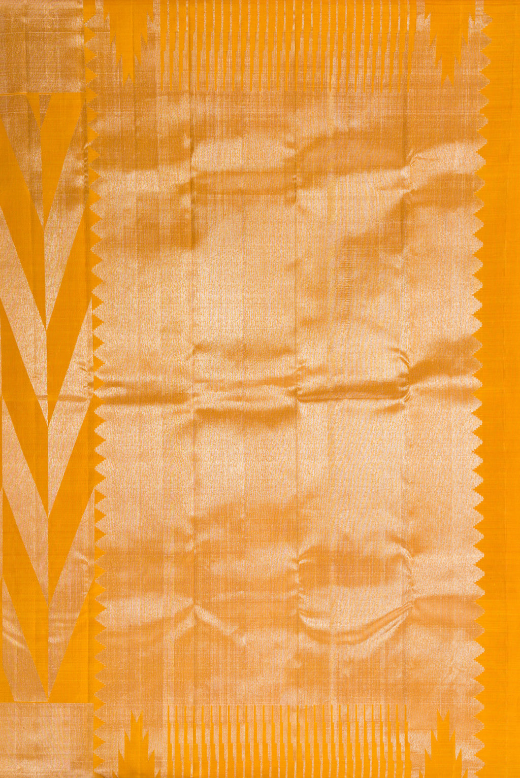 Close up image of the pallu of Pure Silk Mustard Kanchipuram Saree with Zari Brocade on the body and Zari Border. 