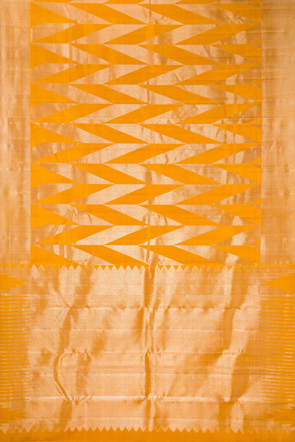 Flat view of Pure Silk Mustard Kanchipuram Saree with Zari Brocade on the body and Zari Border. 