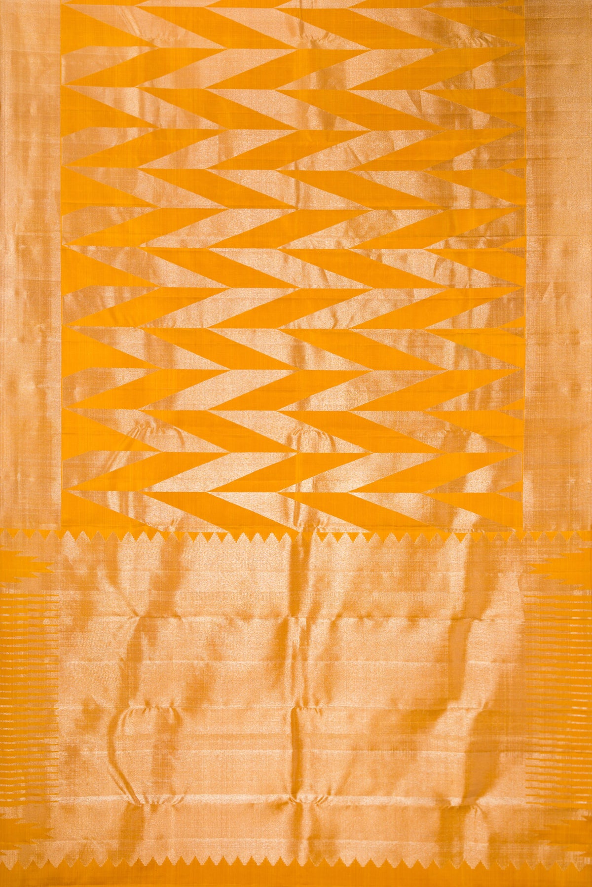 Flat view of Pure Silk Mustard Kanchipuram Saree with Zari Brocade on the body and Zari Border. 
