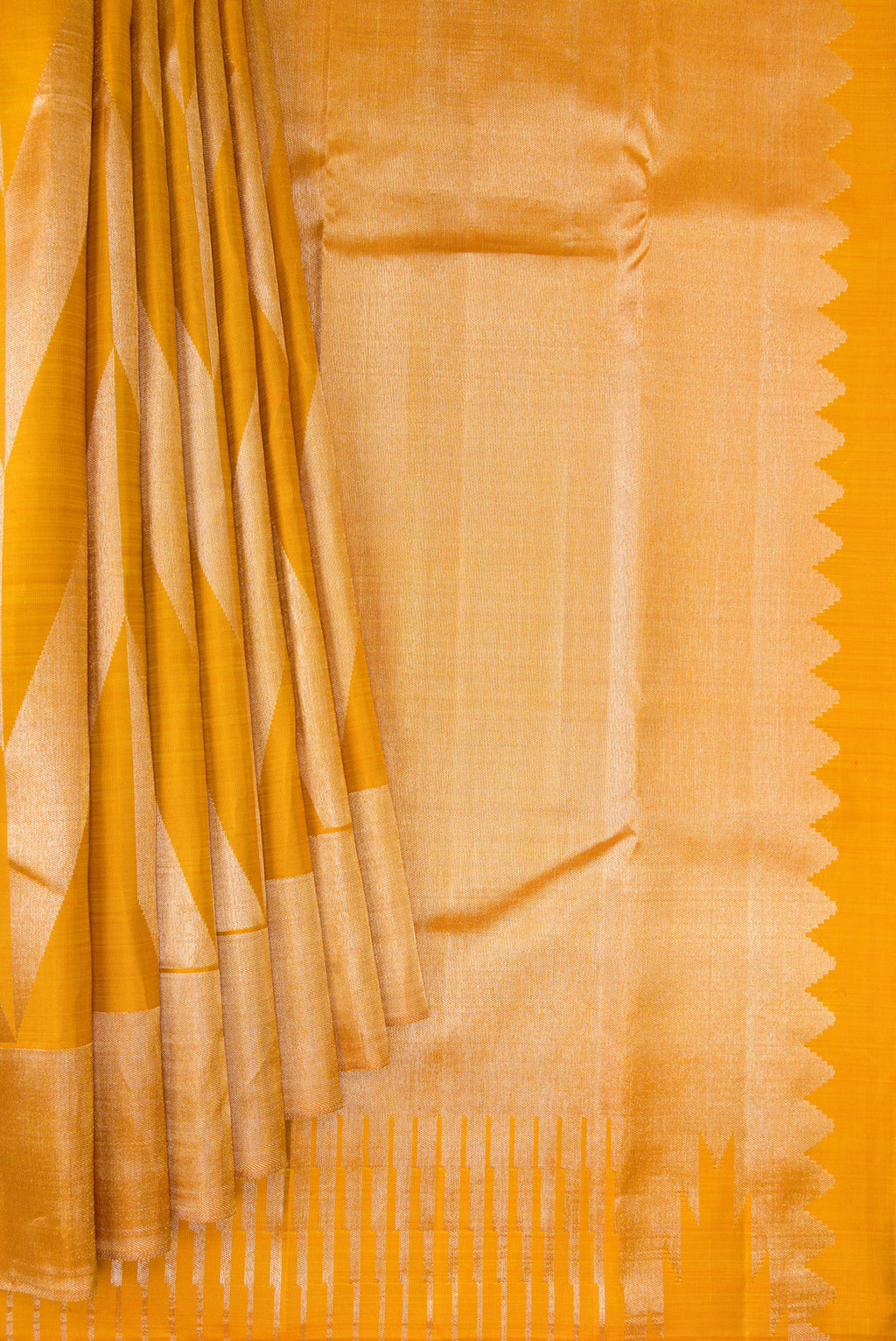 Pleats and pallu of Pure Silk Mustard Kanchipuram Saree with Zari Brocade on the body and Zari Border. 