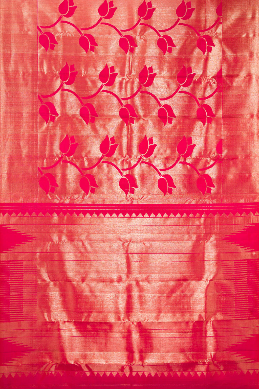 Flat view of Pure Silk Dark Pink Dual Tone Kanchipuram Saree with Zari Brocade on the body and Zari Border. 