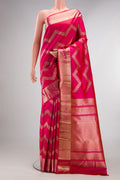 Pure Silk Pink Dual Tone Kanchipuram Saree with Stripes on the body and Zari Border.  displayed on a mannequin