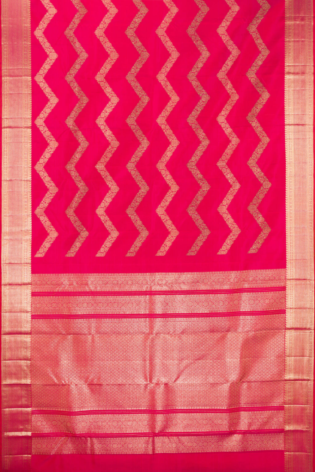 Flat view of Pure Silk Pink Dual Tone Kanchipuram Saree with Stripes on the body and Zari Border. 