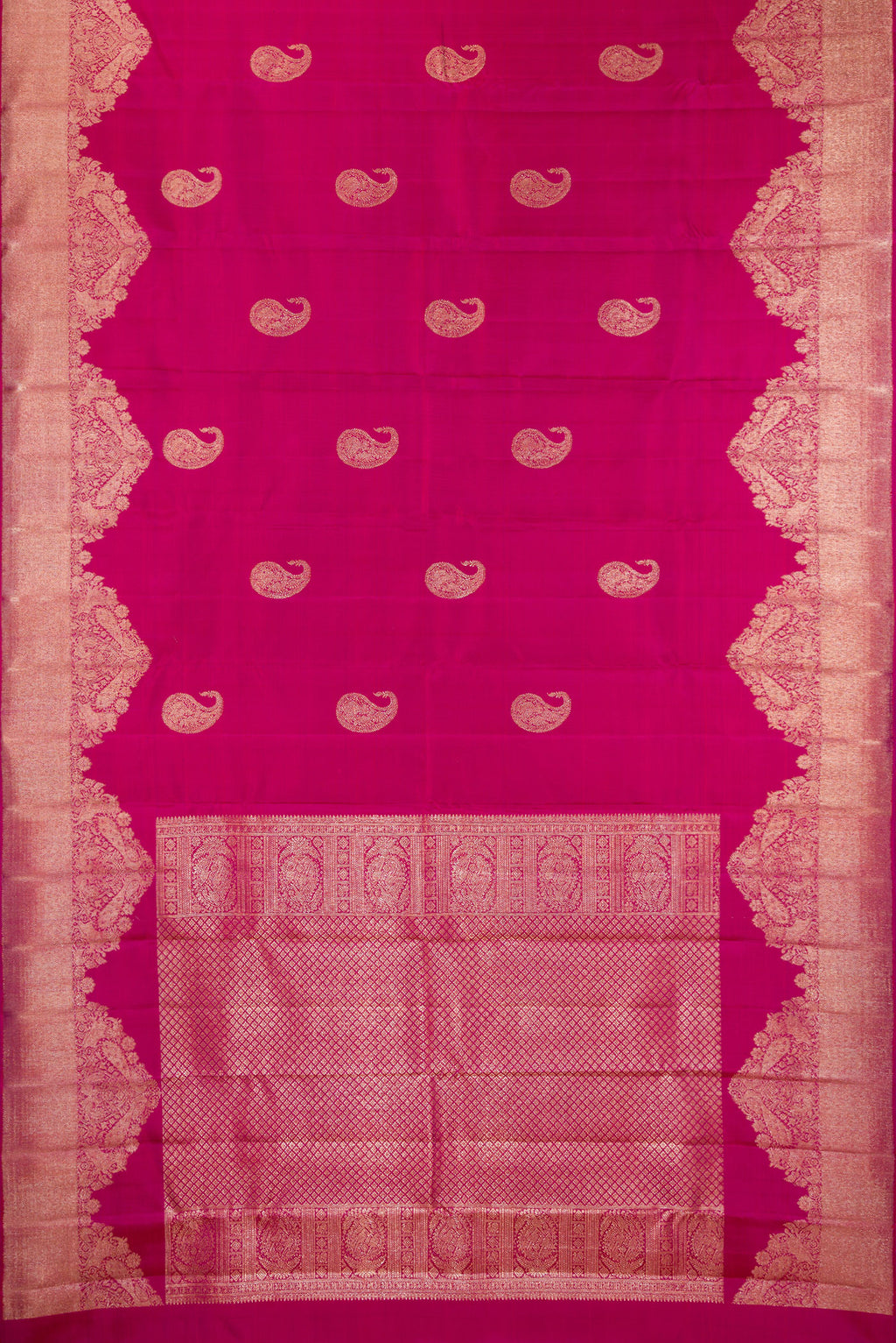 Flat view of Pure Silk Pink Kanjivaram Saree with Zari Butta on the body and Fancy Border. 