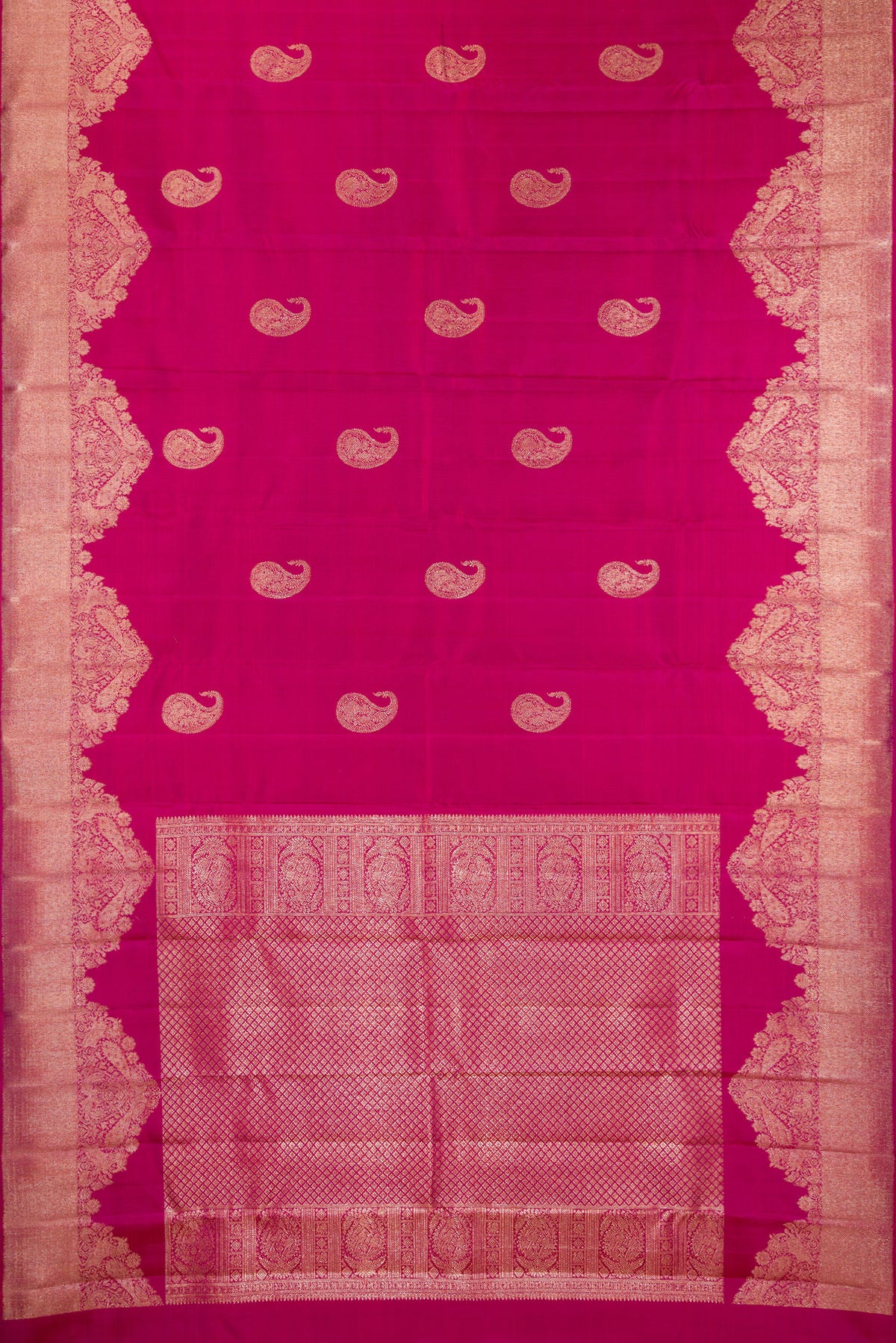 Flat view of Pure Silk Pink Kanjivaram Saree with Zari Butta on the body and Fancy Border. 