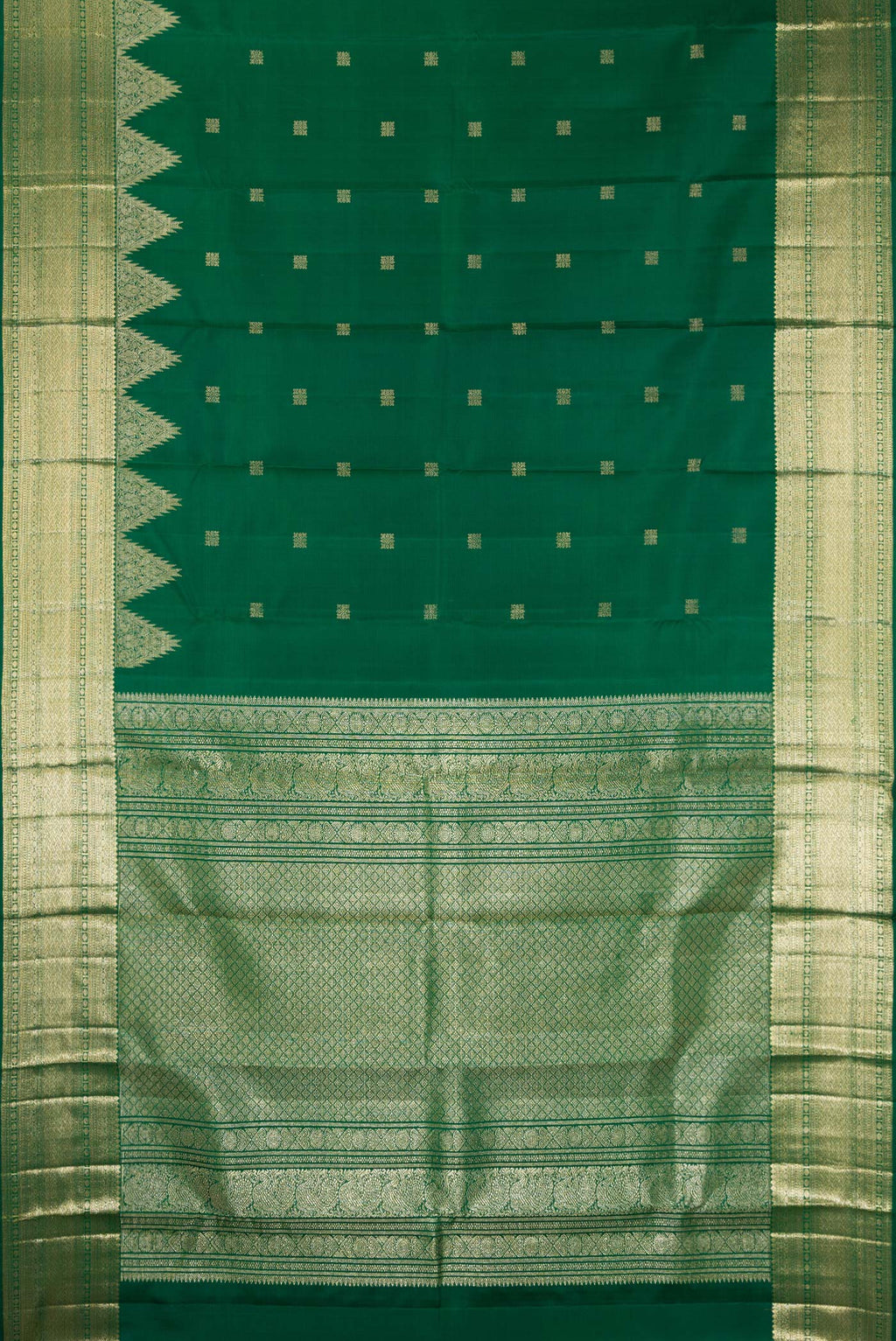 Flat view of Pure Silk Green Kanjivaram Saree with Zari Butta on the body and Temple Border. 