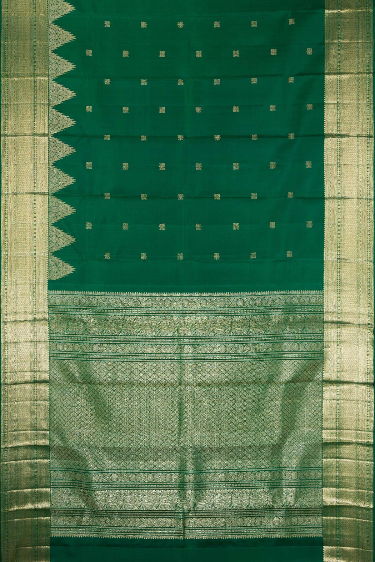 Flat view of Pure Silk Green Kanjivaram Saree with Zari Butta on the body and Temple Border. 