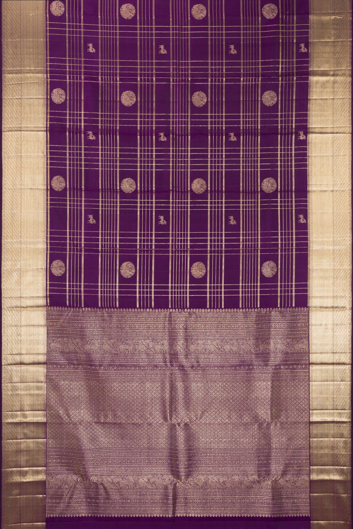 Flat view of Pure Silk Violet Dual Tone Kanchipuram Saree with Checked design on the body and Zari Border. 
