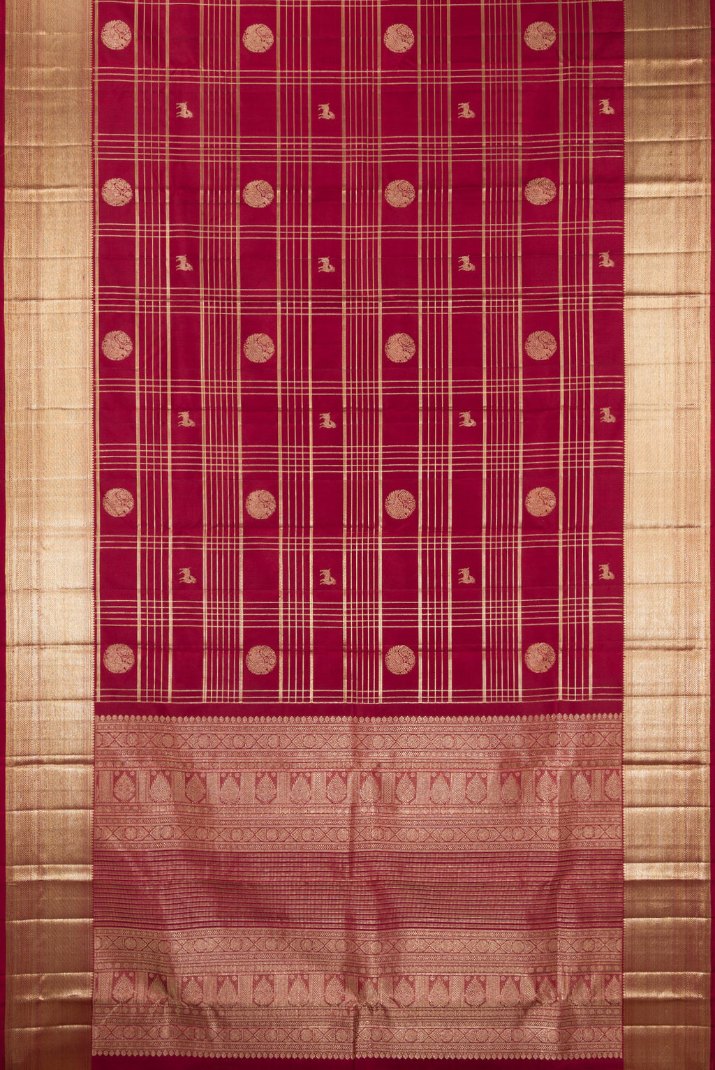 Flat view of Pure Silk Maroon Kanchipuram Saree with Checked design on the body and Zari Border. 