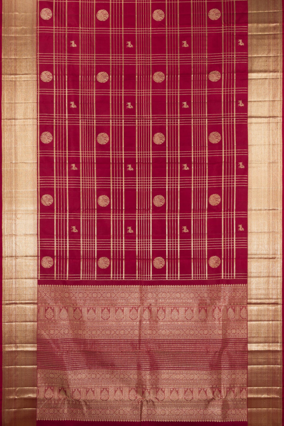 Flat view of Pure Silk Maroon Kanchipuram Saree with Checked design on the body and Zari Border. 