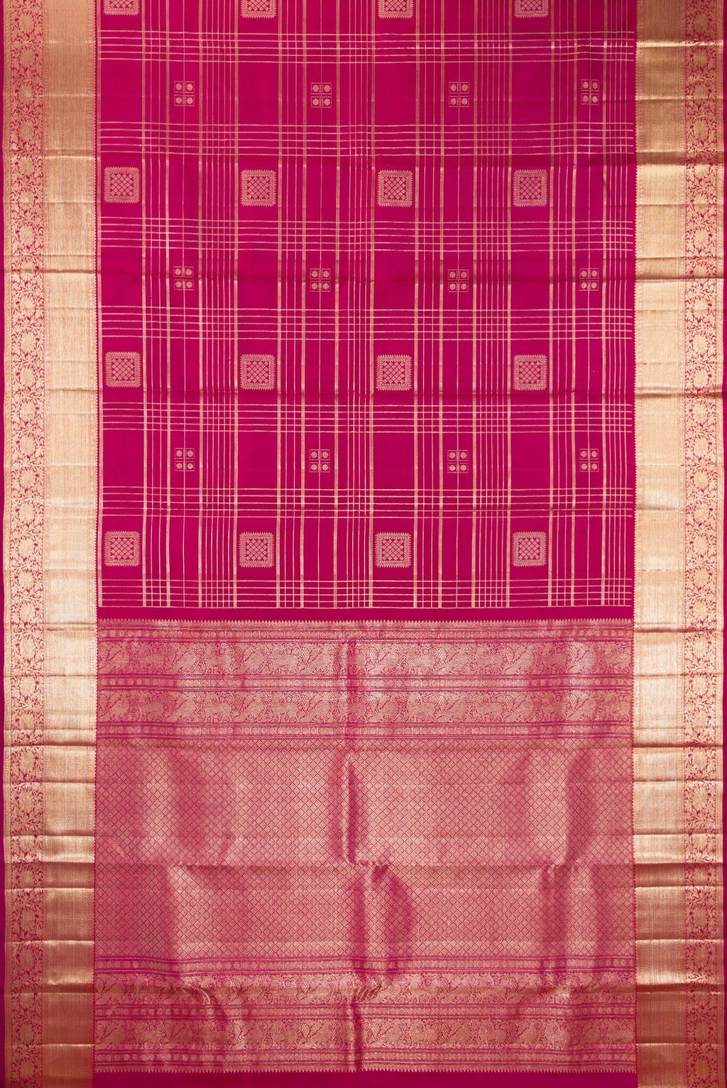 Flat view of Pure Silk Dark Pink Kanchipuram Saree with Checked design on the body and Zari Border. 