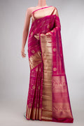 Pure Silk Dark Pink Dual Tone Kanchipuram Saree with Checked design on the body and Zari Border.  displayed on a mannequin