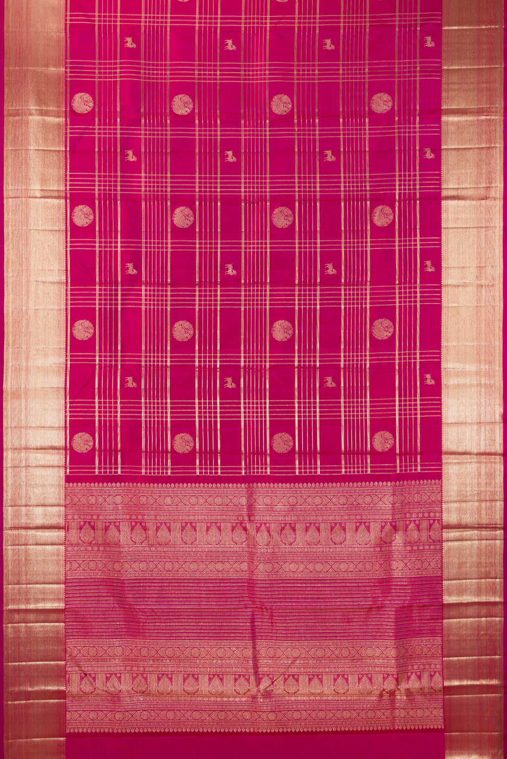 Flat view of Pure Silk Dark Pink Dual Tone Kanchipuram Saree with Checked design on the body and Zari Border. 