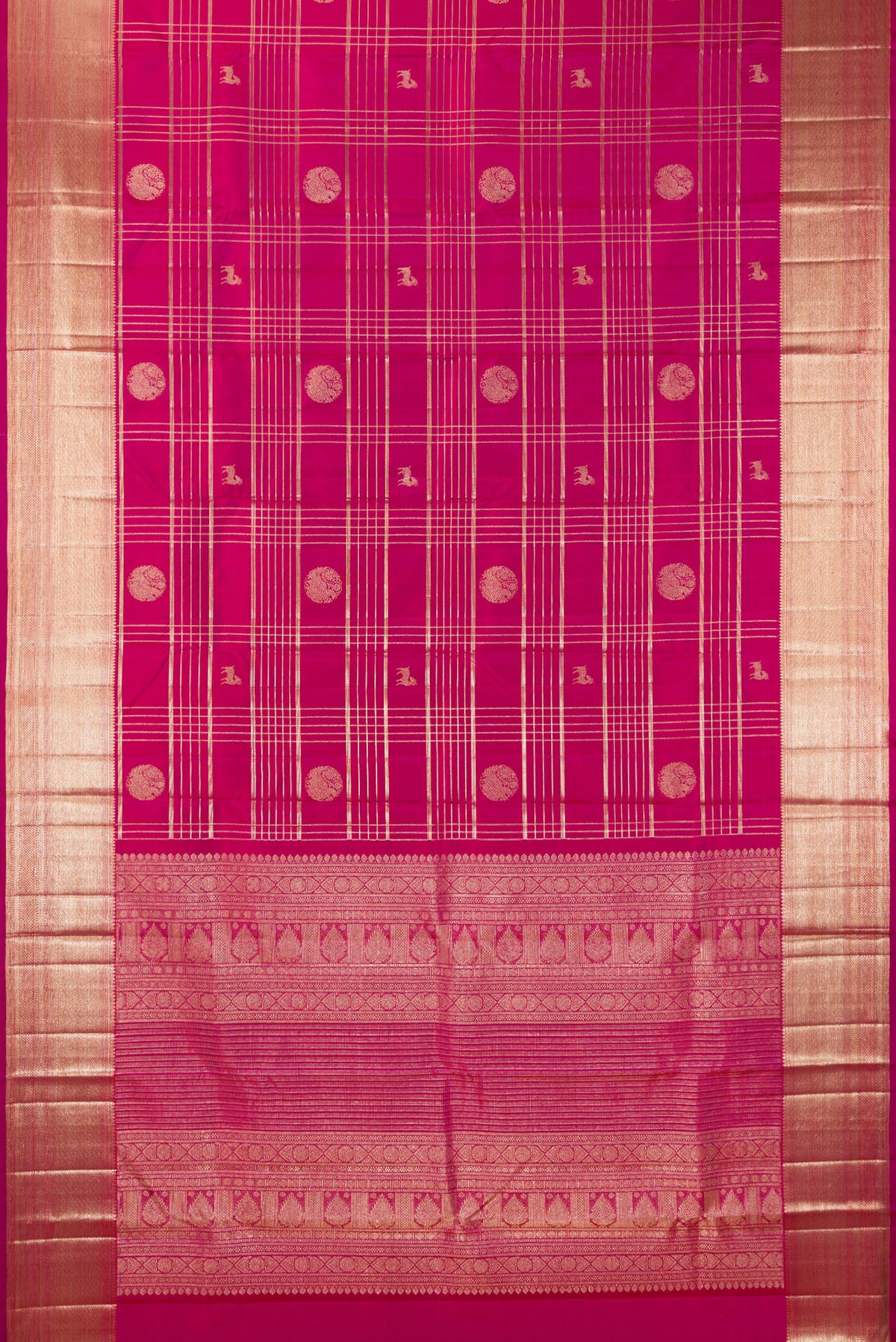 Flat view of Pure Silk Dark Pink Dual Tone Kanchipuram Saree with Checked design on the body and Zari Border. 