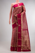 Pure Silk Maroon Kanchipuram Saree with Zari Brocade on the body and Fancy Border.  displayed on a mannequin