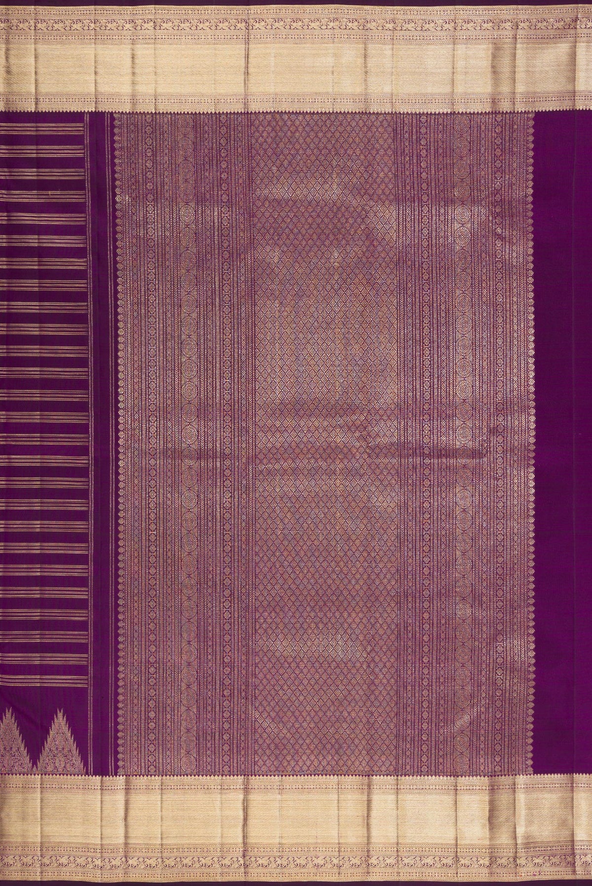 Close up image of the pallu of Pure Silk Purple Kanchipuram Saree with Stripes on the body and Zari Border. 