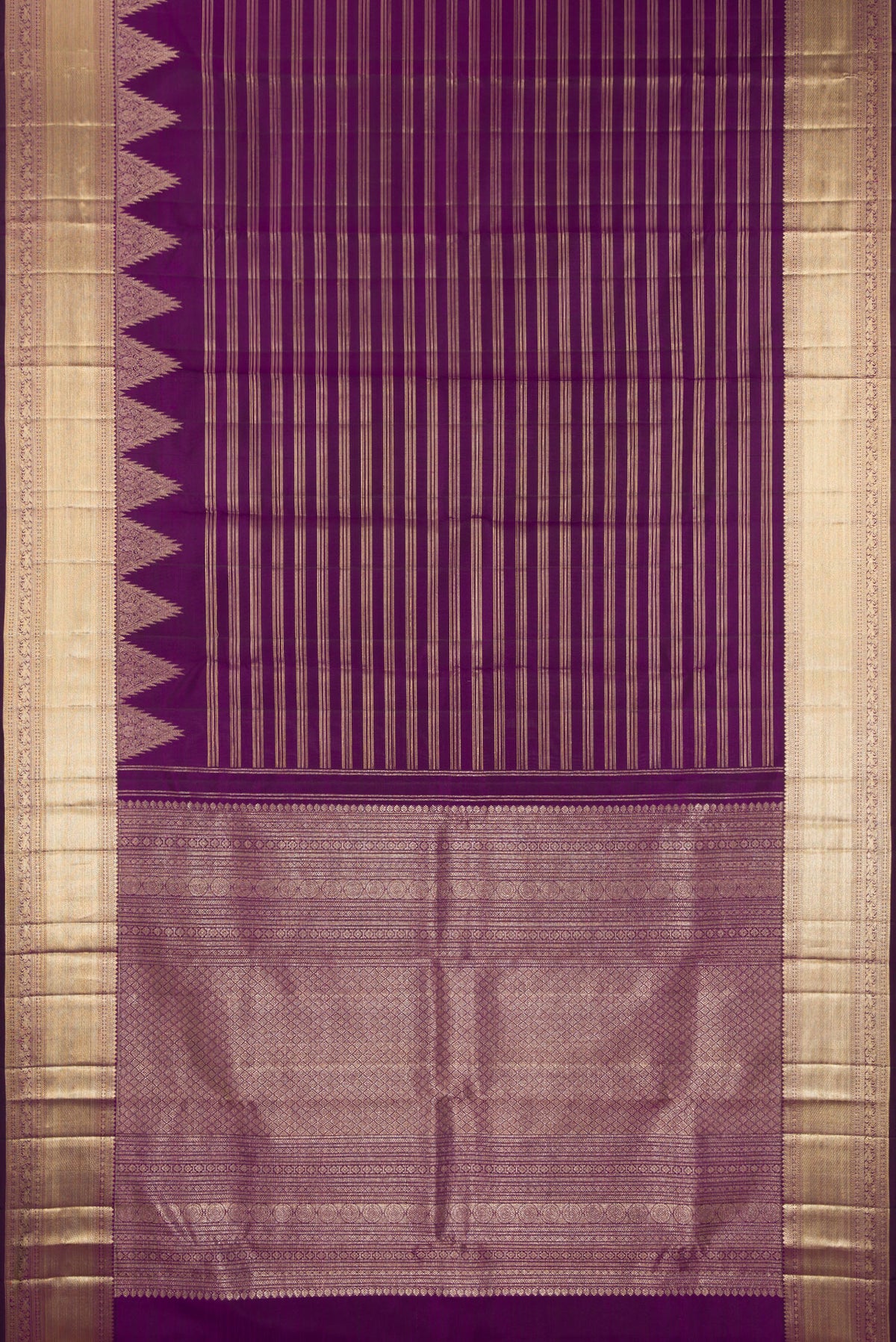 Flat view of Pure Silk Purple Kanchipuram Saree with Stripes on the body and Zari Border. 