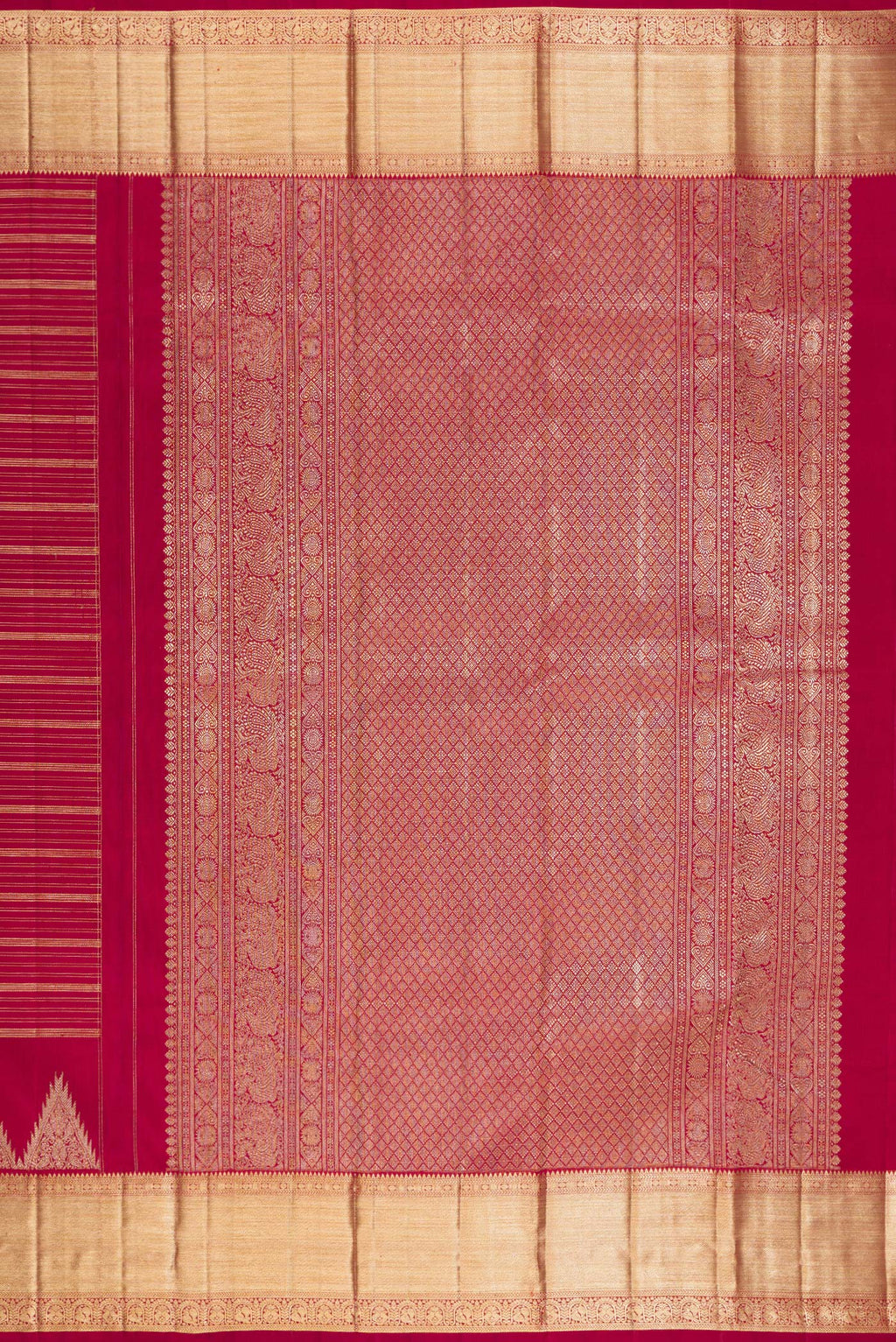 Close up image of the pallu of Pure Silk Red Kanchipuram Saree with Stripes on the body and Temple Border. 