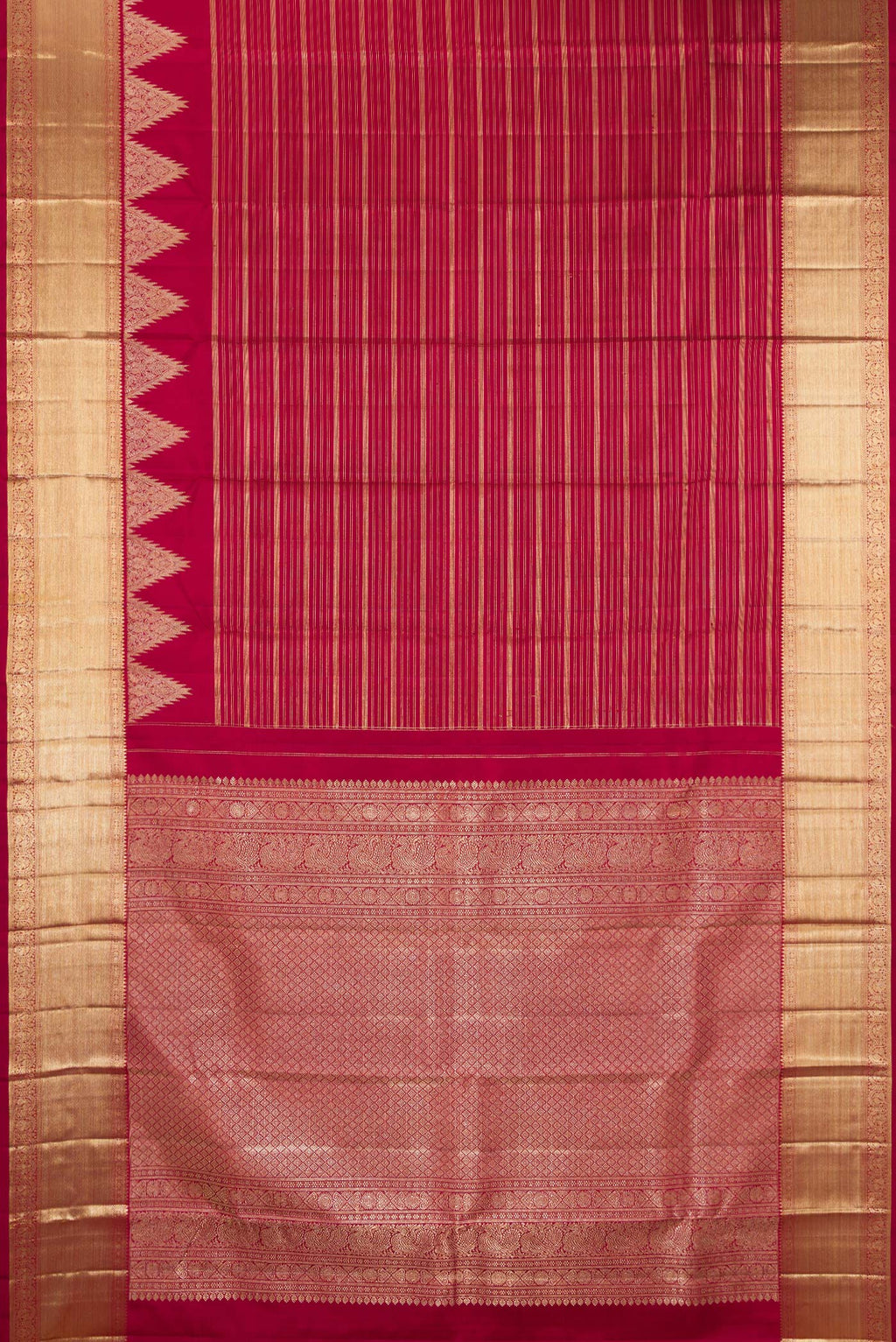Flat view of Pure Silk Red Kanchipuram Saree with Stripes on the body and Temple Border. 