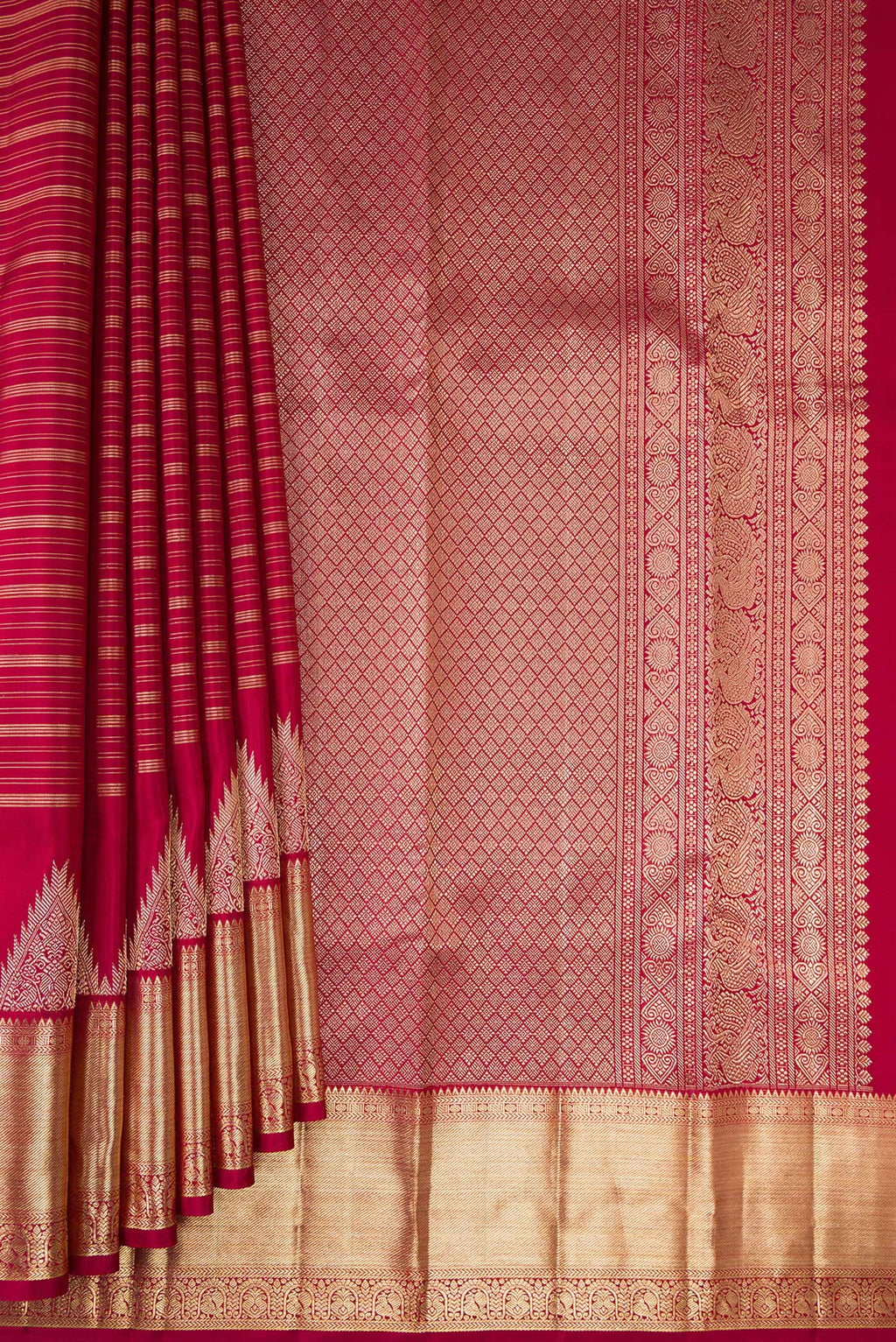 Pleats and pallu of Pure Silk Red Kanchipuram Saree with Stripes on the body and Temple Border. 