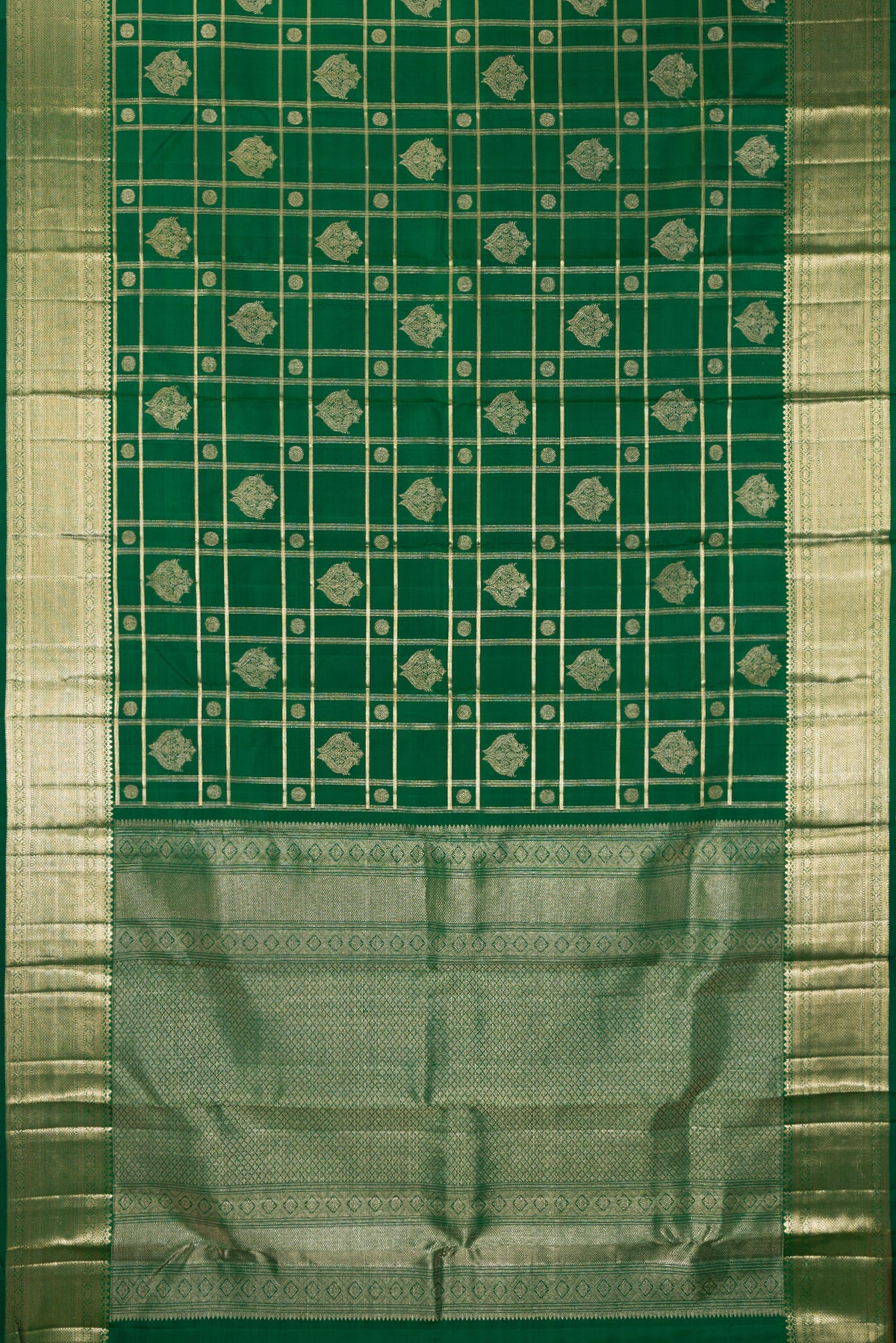 Flat view of Pure Silk Green Kanchipuram Saree with Checked design on the body and Zari Border. 