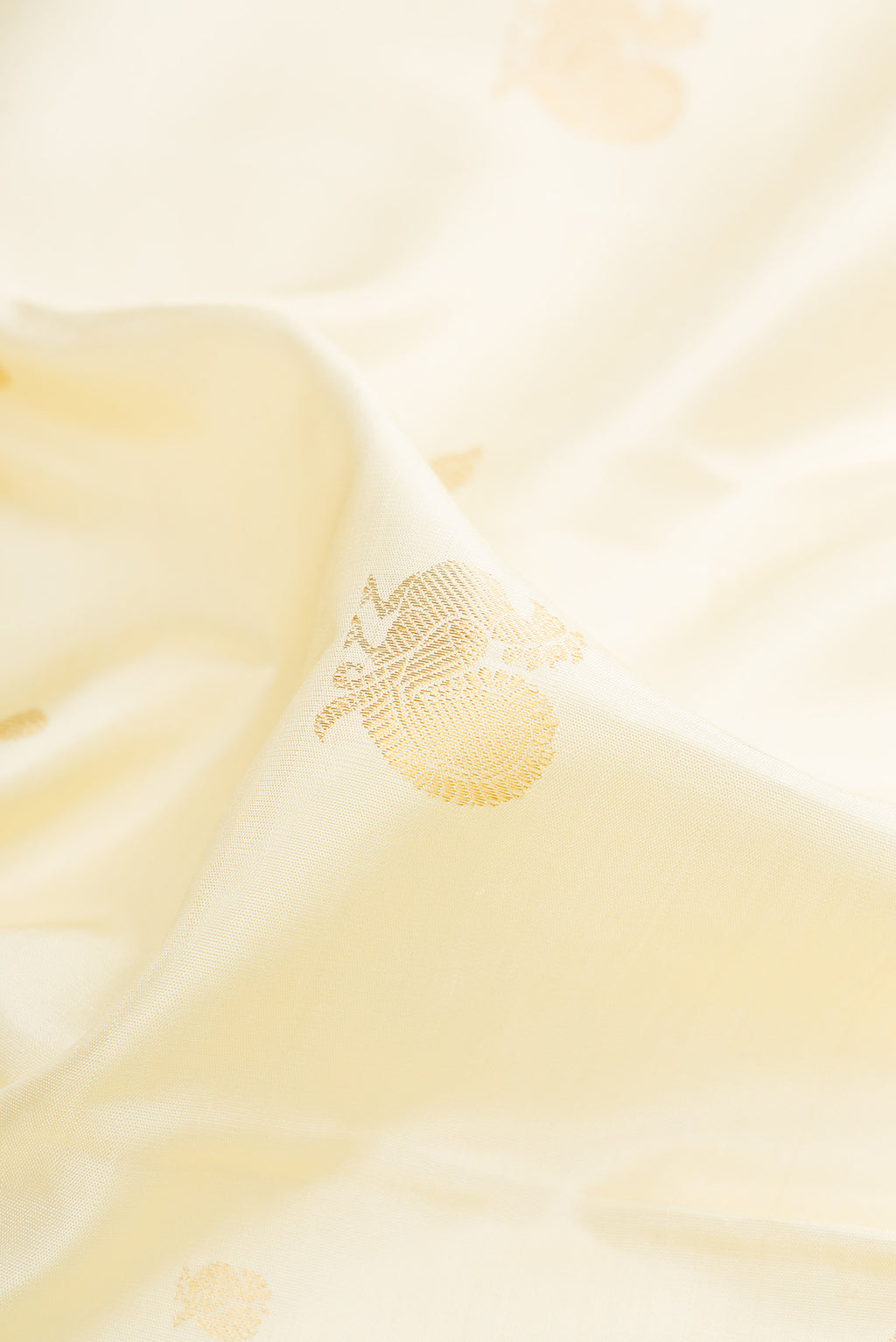 Close up of Pure Silk Off White Kanchipuram Saree with Zari Butta on the body and Zari Border.  displaying folds