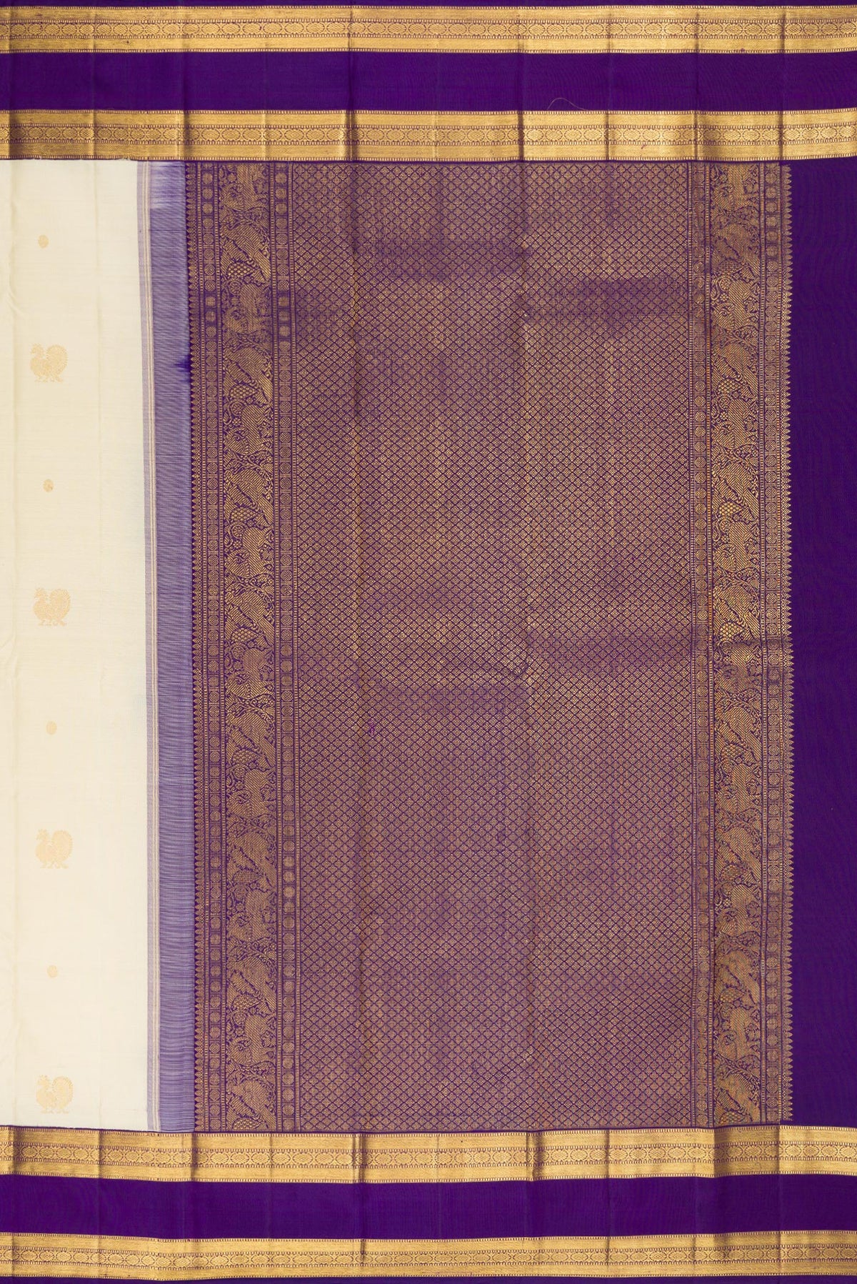 Close up image of the pallu of Pure Silk Off White Kanchipuram Saree with Zari Butta on the body and Zari Border. 
