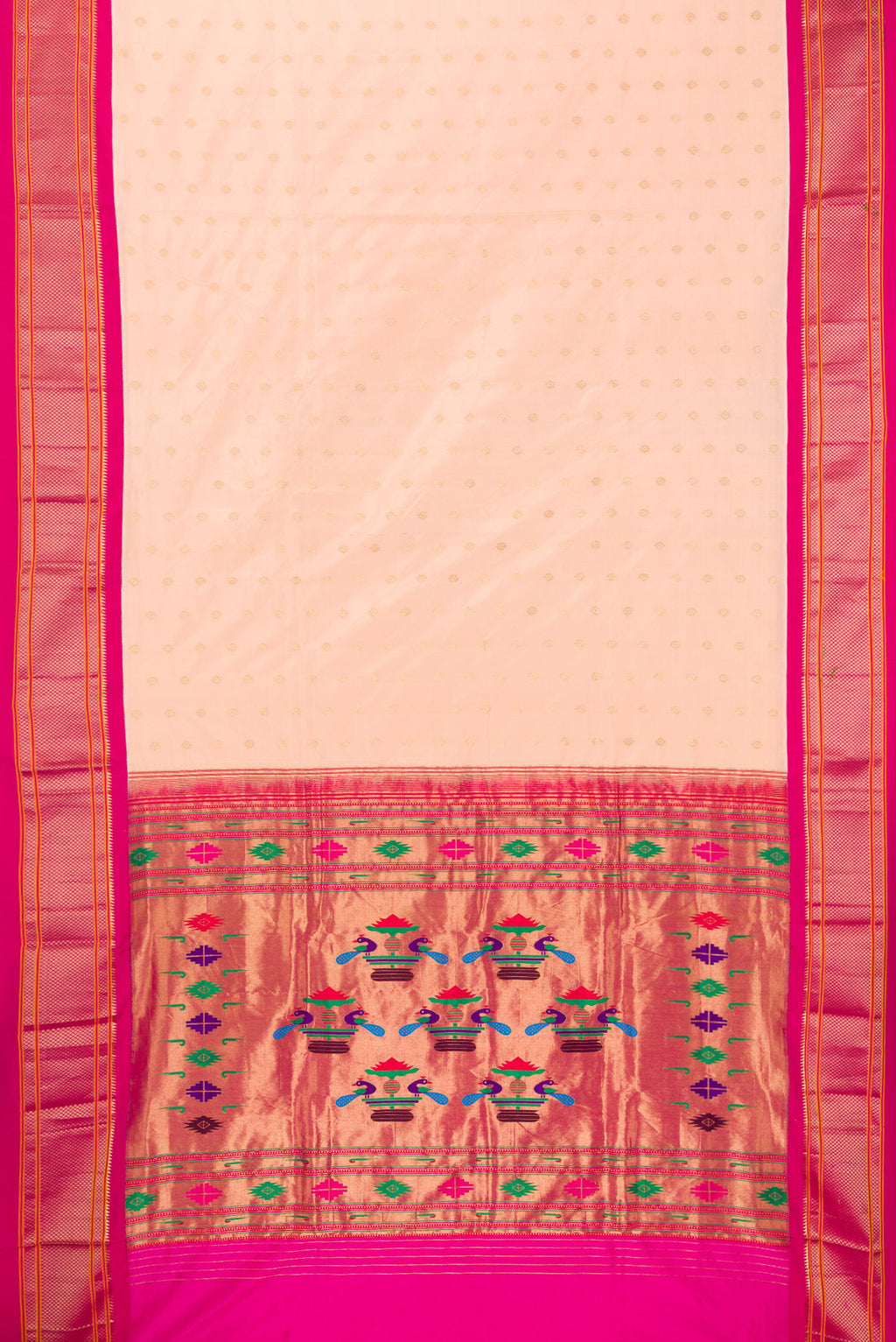 Flat view of Pure Silk Peach Paithani Saree with Zari Butta on the body and Zari Border. 