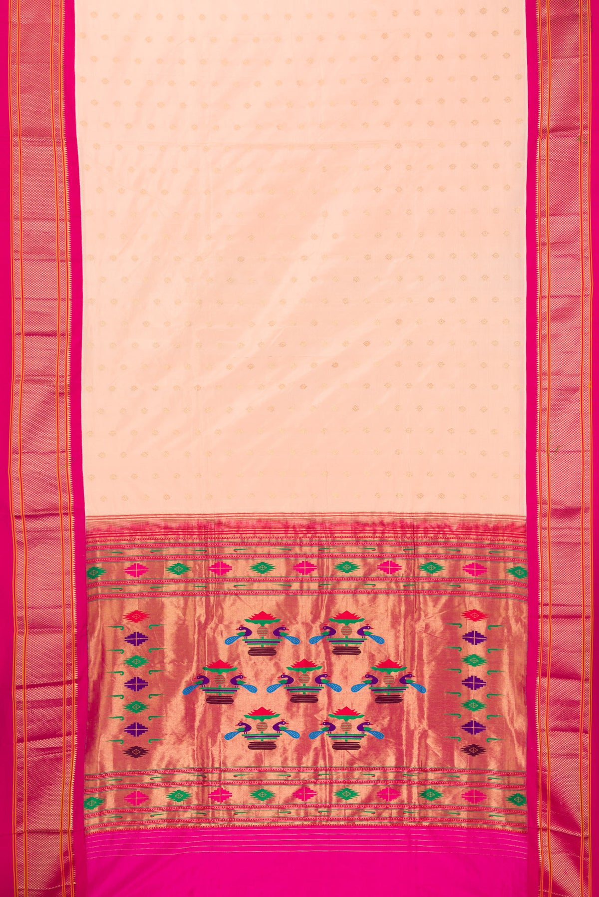 Flat view of Pure Silk Peach Paithani Saree with Zari Butta on the body and Zari Border. 