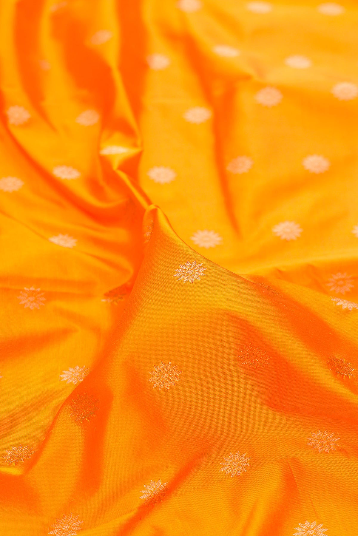 Close up of Pure Silk Yellow Dual Tone Paithani Saree with Zari Butta on the body and Zari Border.  displaying folds