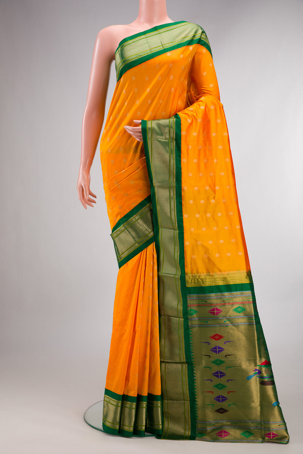 Pure Silk Yellow Dual Tone Paithani Saree with Zari Butta on the body and Zari Border.  displayed on a mannequin