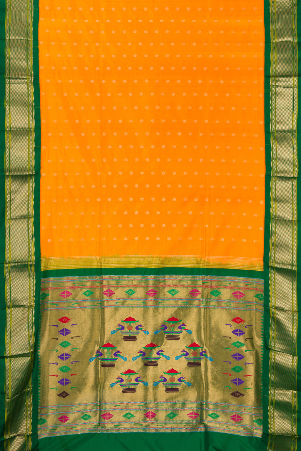 Flat view of Pure Silk Yellow Dual Tone Paithani Saree with Zari Butta on the body and Zari Border. 
