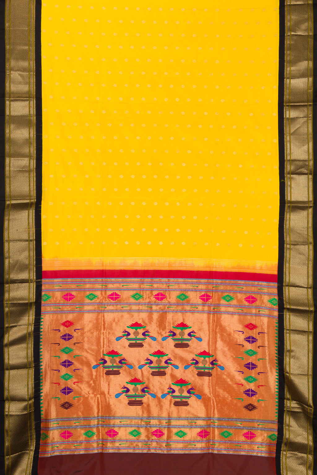 Flat view of Pure Silk Yellow Paithani Saree with Zari Butta on the body and Zari Border. 