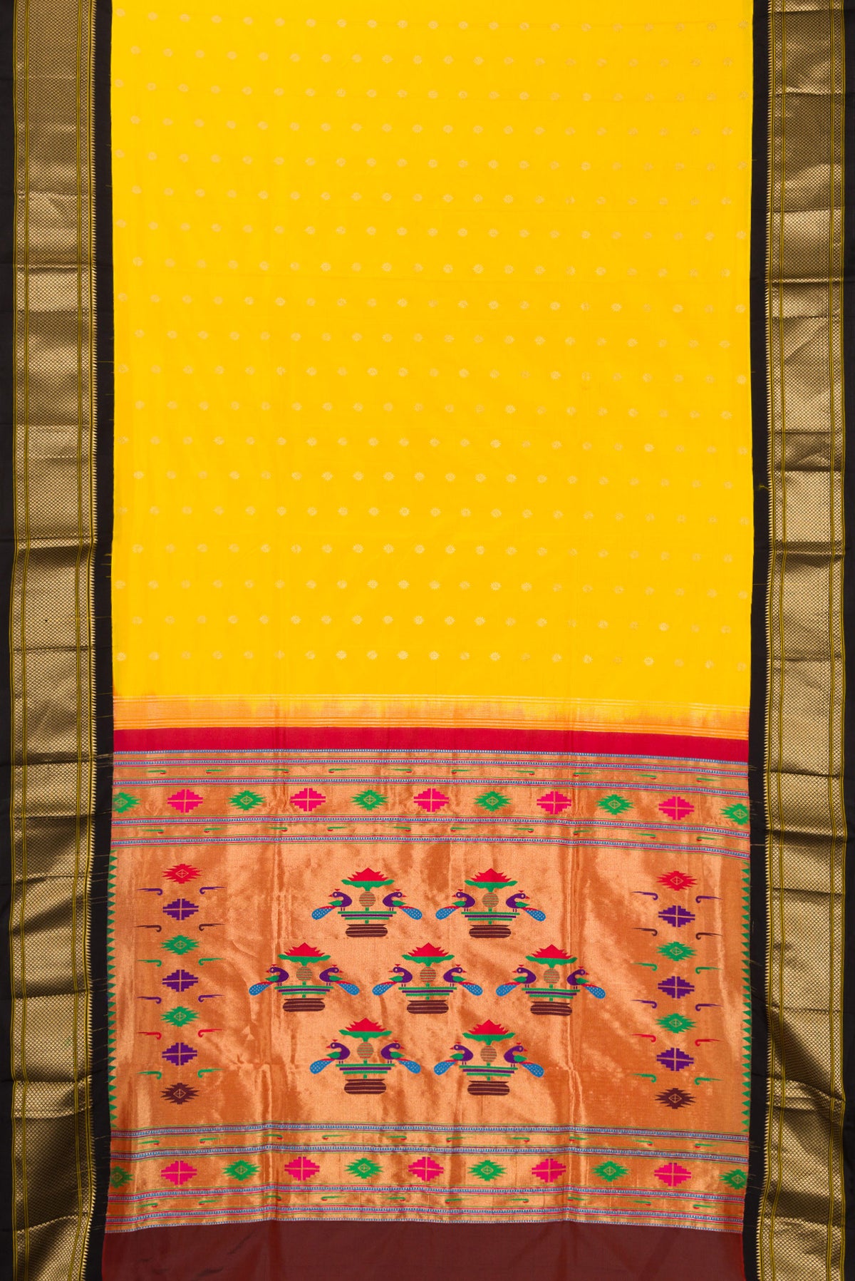 Flat view of Pure Silk Yellow Paithani Saree with Zari Butta on the body and Zari Border. 