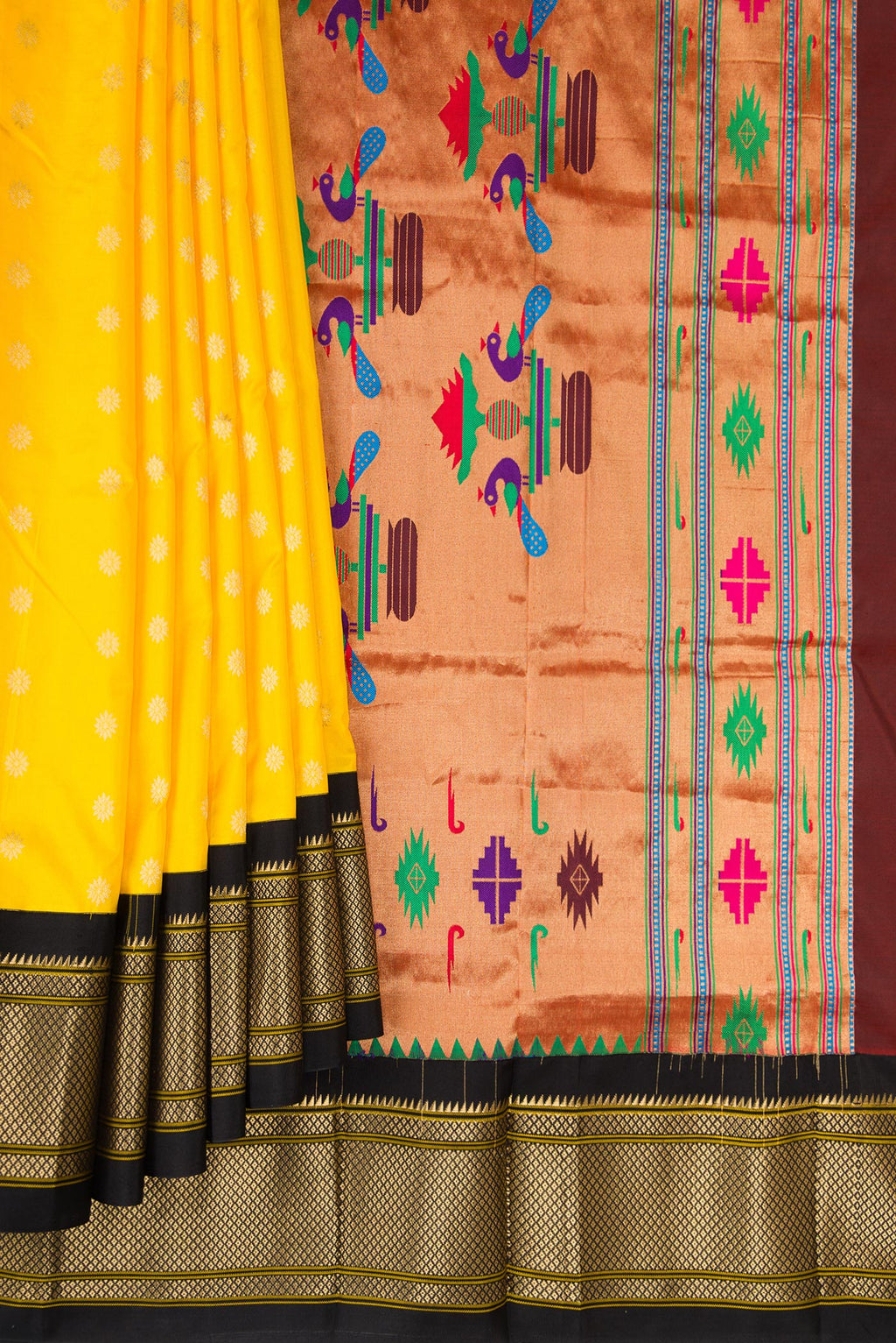 Pleats and pallu of Pure Silk Yellow Paithani Saree with Zari Butta on the body and Zari Border. 