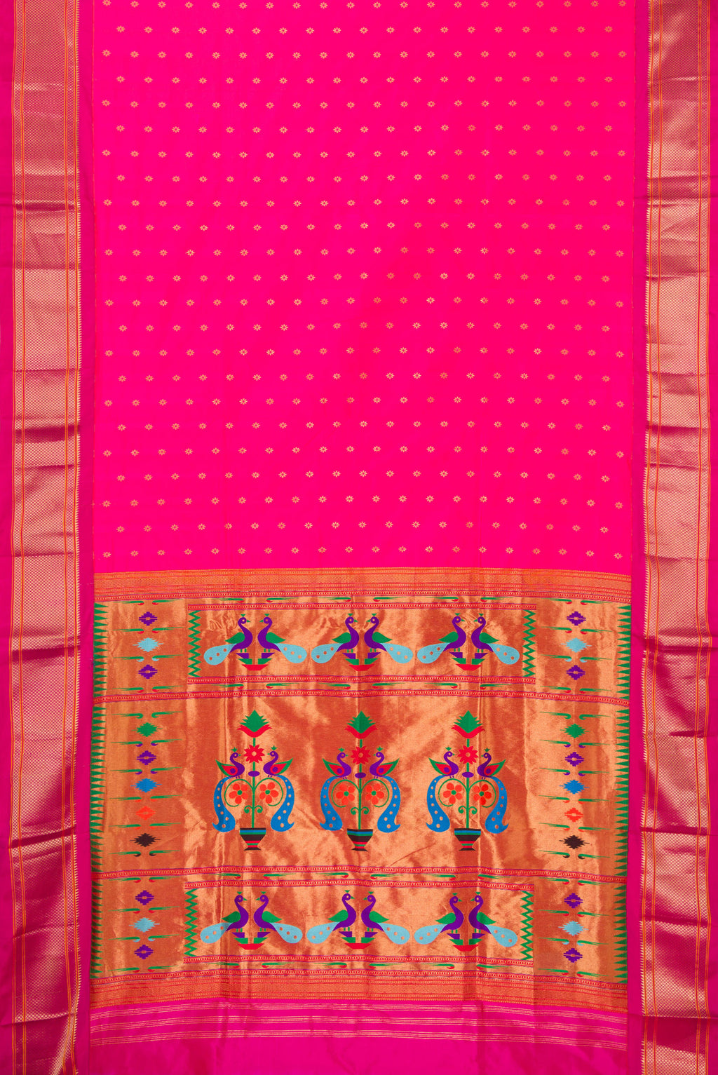Flat view of Pure Silk Pink Paithani Saree with Zari And Thread Butta on the body and Zari Border. 