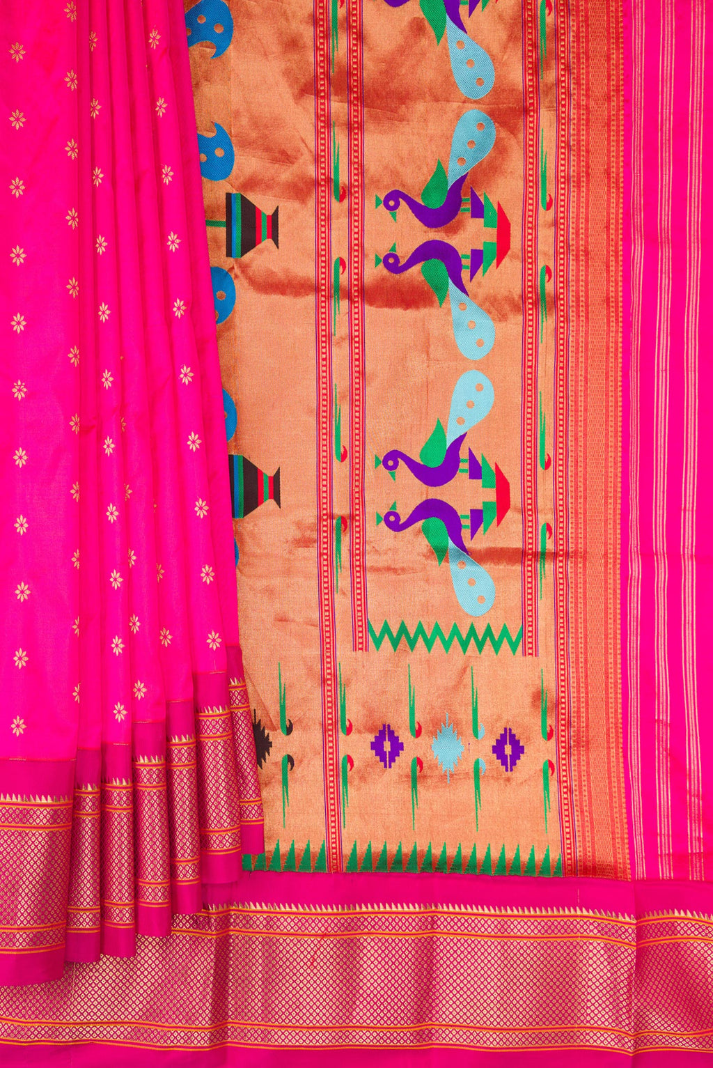 Pleats and pallu of Pure Silk Pink Paithani Saree with Zari And Thread Butta on the body and Zari Border. 