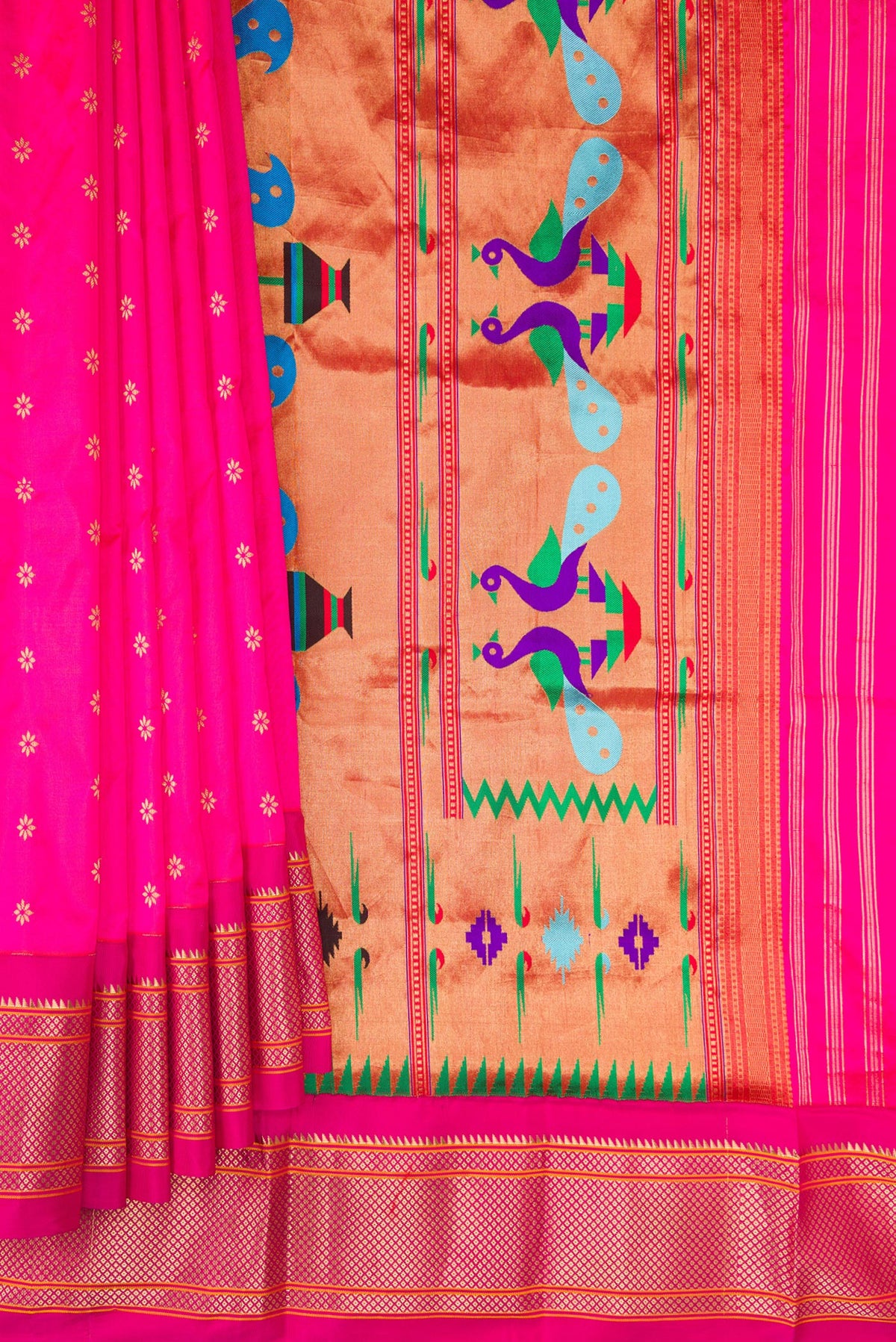 Pleats and pallu of Pure Silk Pink Paithani Saree with Zari And Thread Butta on the body and Zari Border. 