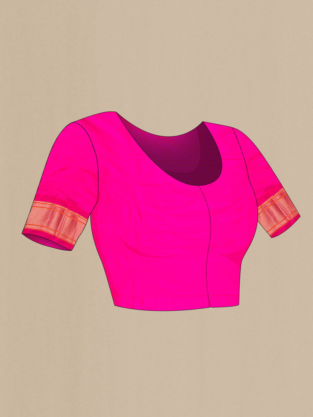 Close up image of the blouse of Pure Silk Peach Paithani Saree with Zari And Thread Butta on the body and Zari Border. 