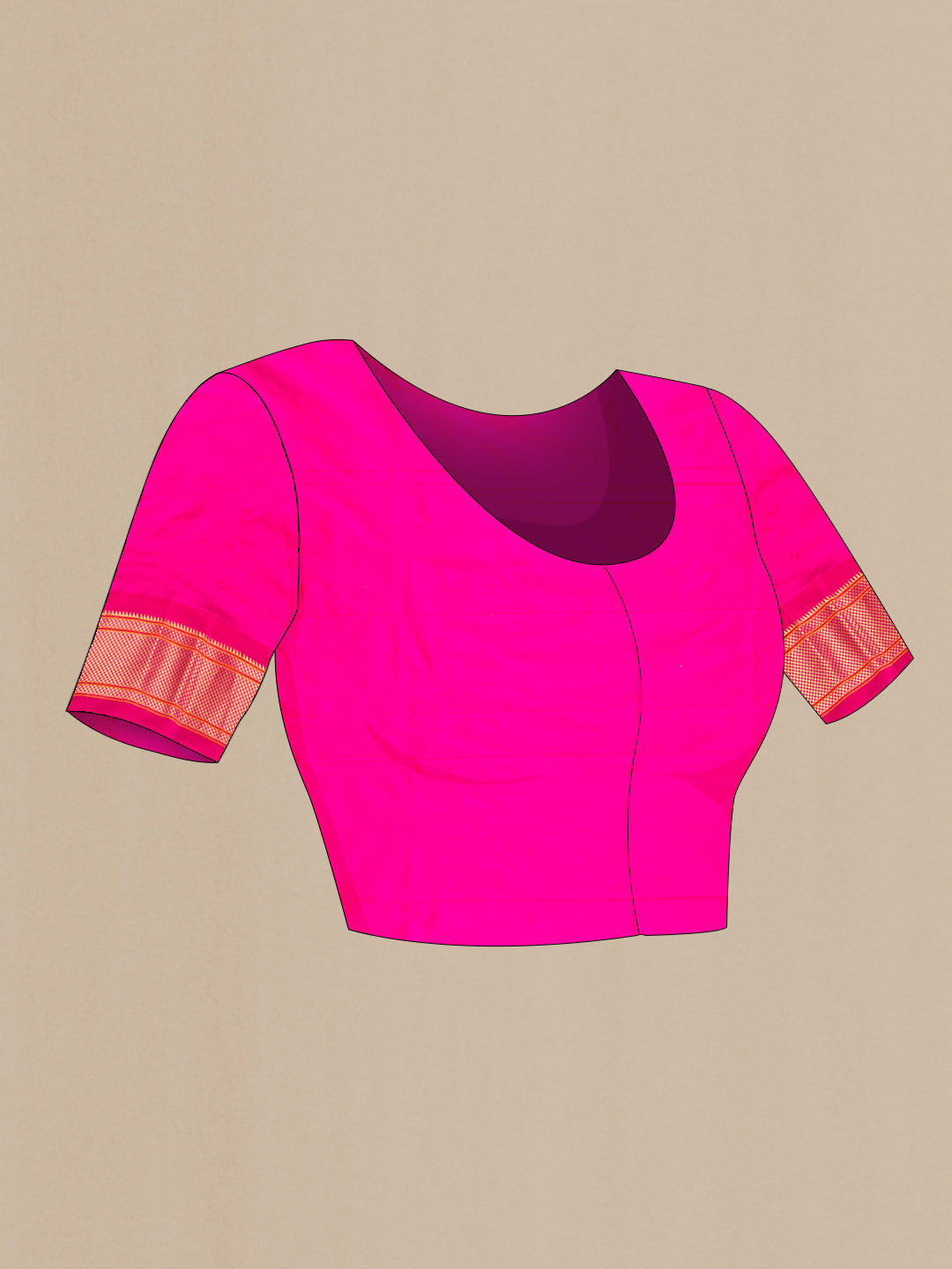 Close up image of the blouse of Pure Silk Peach Paithani Saree with Zari And Thread Butta on the body and Zari Border. 