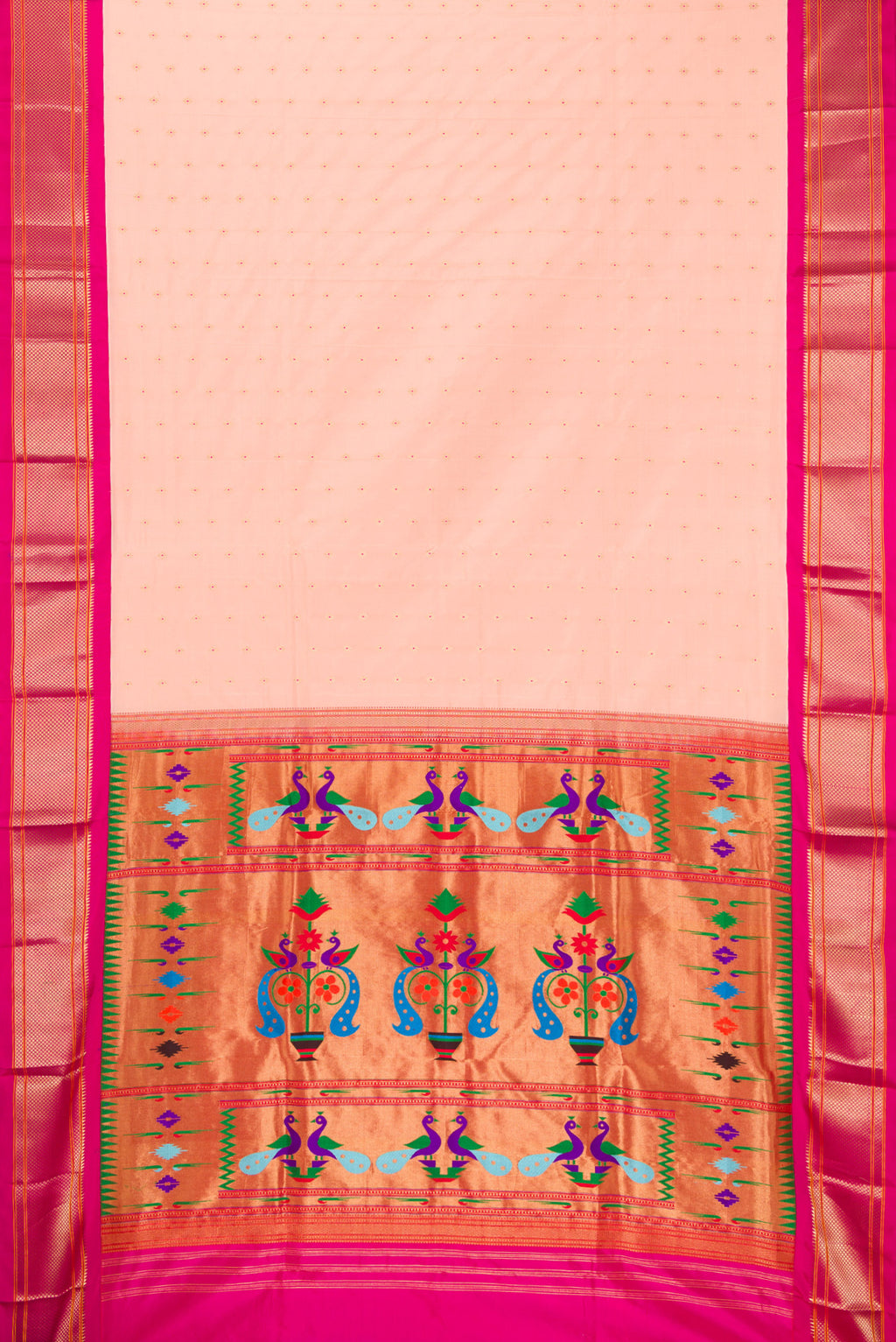 Flat view of Pure Silk Peach Paithani Saree with Zari And Thread Butta on the body and Zari Border. 